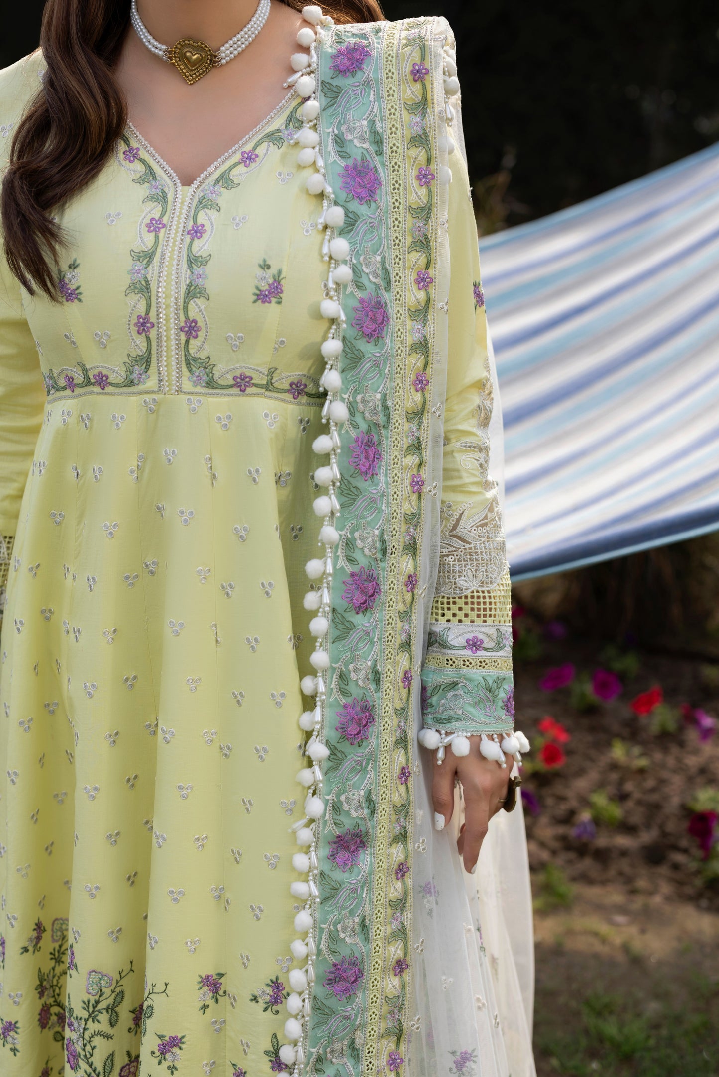 Rs 20500 Aneelas Stitched Emb Lawn Frock Net Emb Duppata 3pc [LUX-26-20] [Dispatch Time 2 Months]