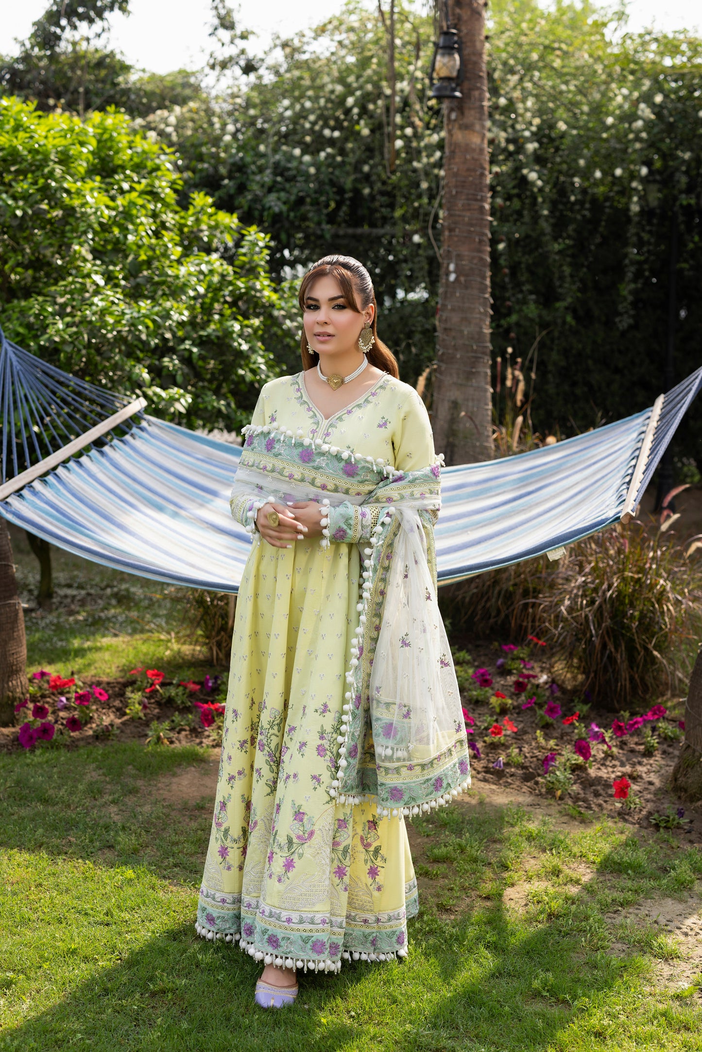 Rs 13500 Aneelas Unstitched Emb Lawn Frock Net Emb Duppata 3pc [LUX-26-20] [EAD] [Dispatch Ready]