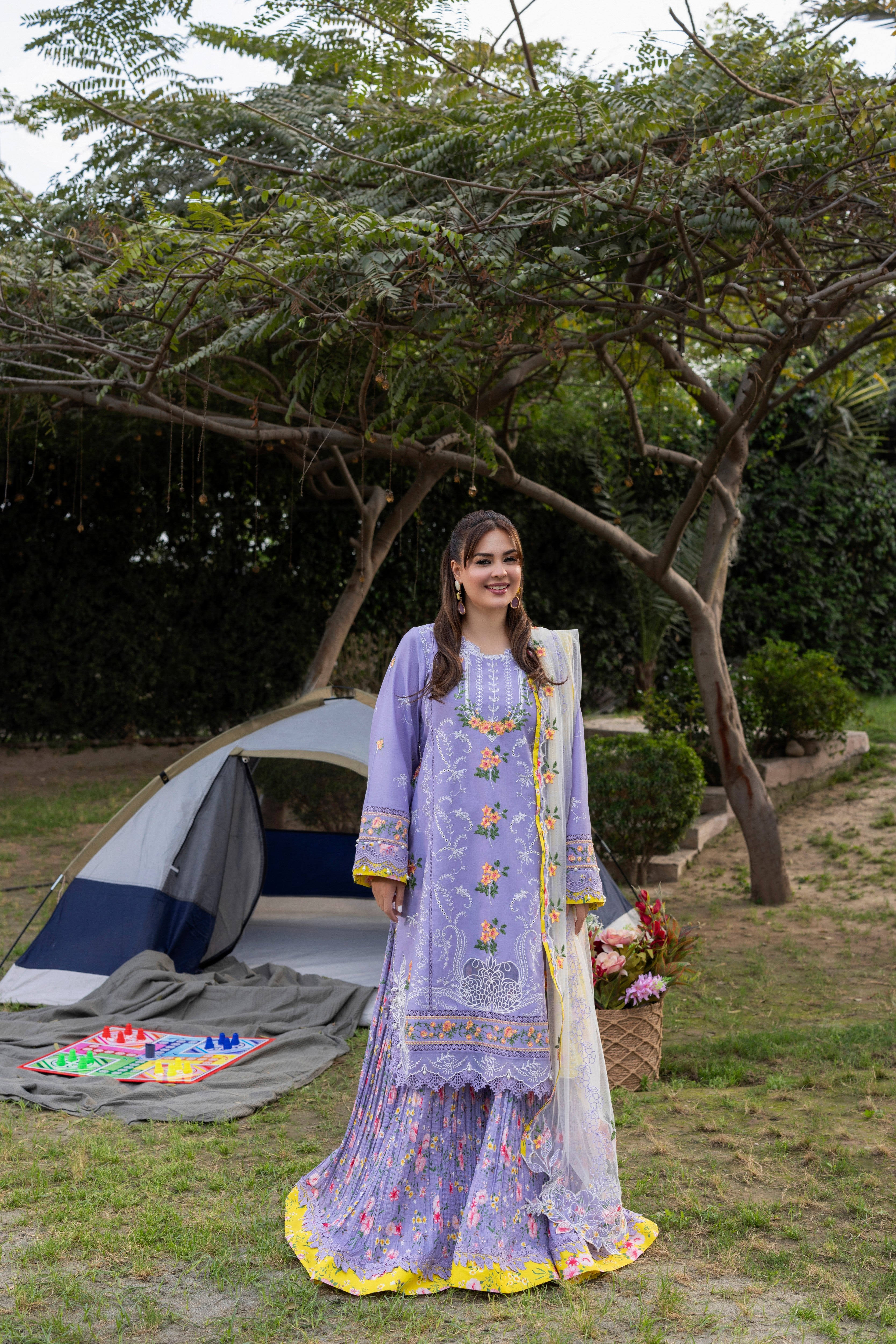 Rs 18500 Aneelas Stitched Luxury Lawn Emb 3pc Sharara Pant with Net Duppata [LUX-26-36] [EAD] [Dispatch Time 1.5 Months]