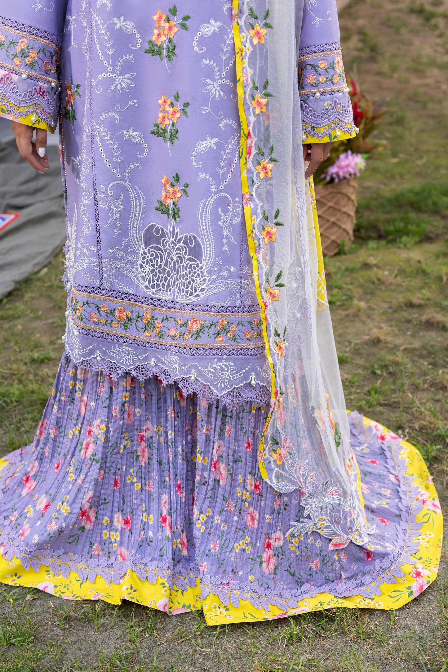Rs 18500 Aneelas Stitched Luxury Lawn Emb 3pc Sharara Pant with Net Duppata [LUX-26-36] [EAD] [Dispatch Time 1.5 Months]