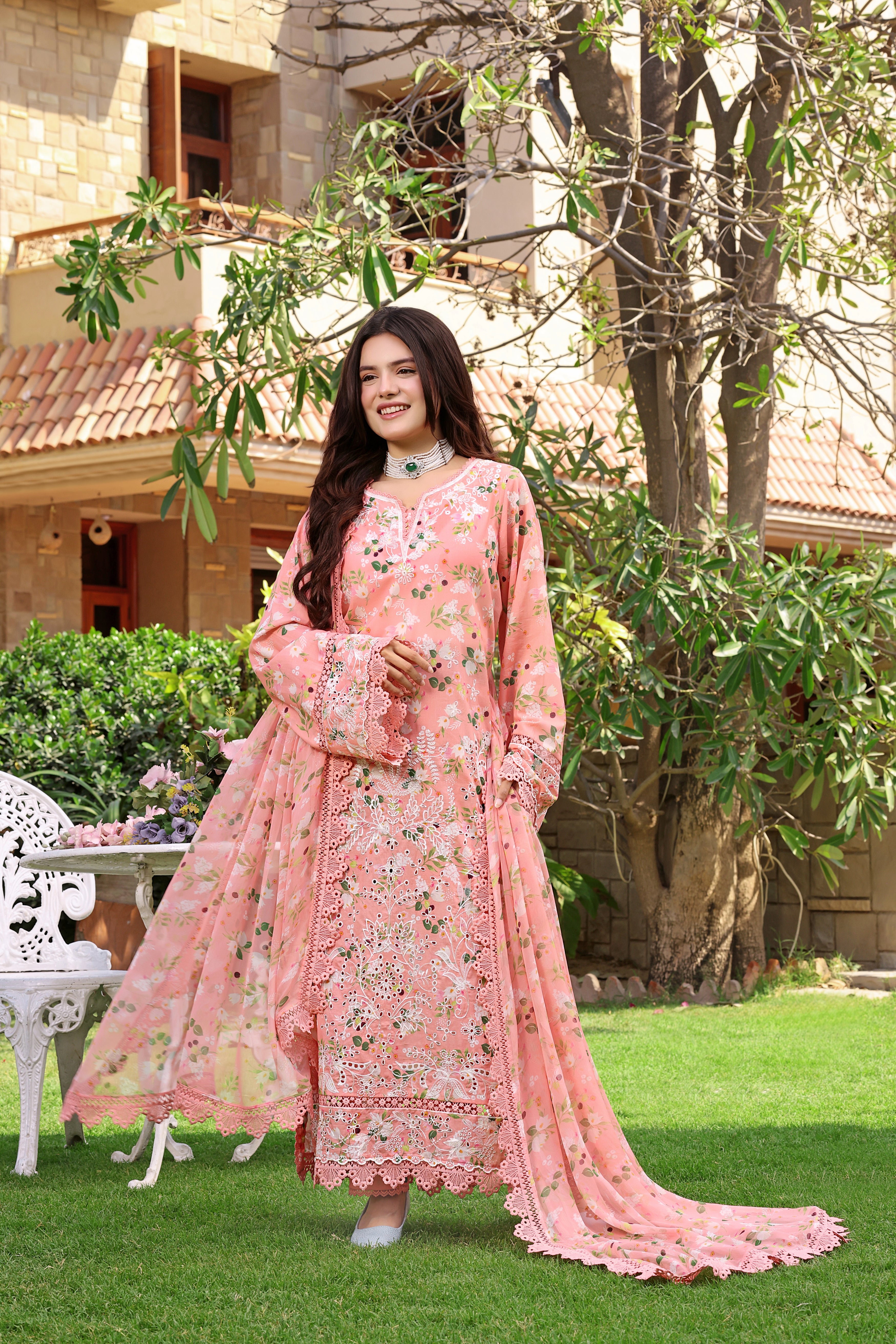 Rs 12500 Aneelas Stitched Luxury Lawn Print Emb Shirt Trouser with Printed Chiffon Duppata 3pc [SPR-26-04] [Dispatch Time 2 Months]