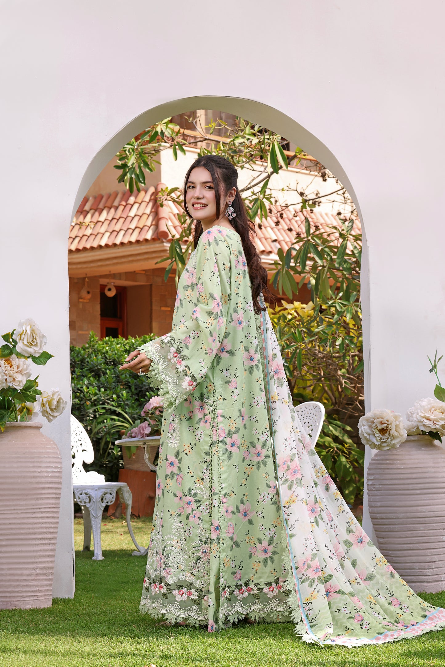 Rs 12950 Aneelas Stitched Lawn Print Emb 3pc with Chiffon Duppata [SPR-26-07-A] [Dispatch Time 2 Months]