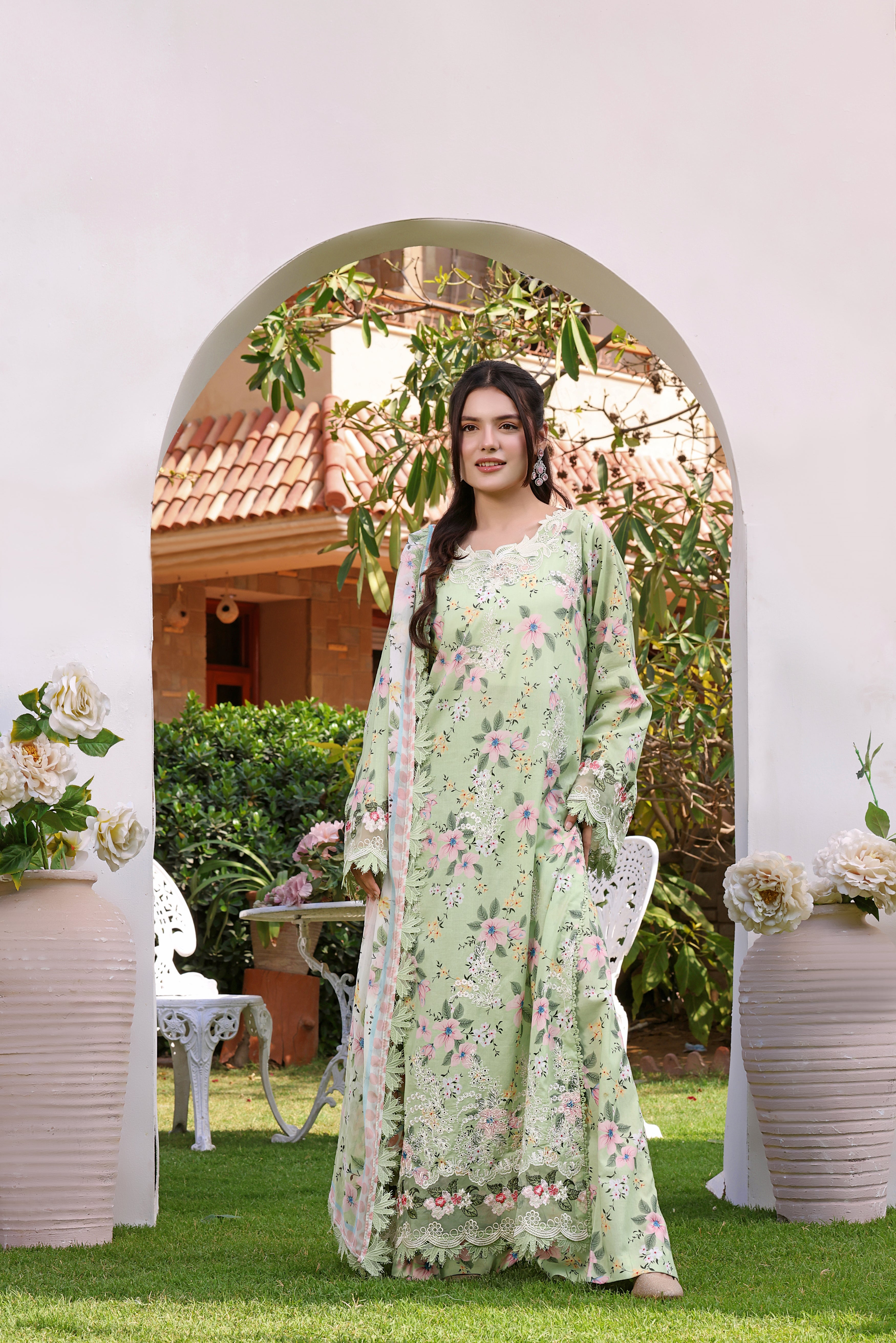 Rs 12950 Aneelas Stitched Lawn Print Emb 3pc with Chiffon Duppata [SPR-26-07-A] [Dispatch Time 2 Months]