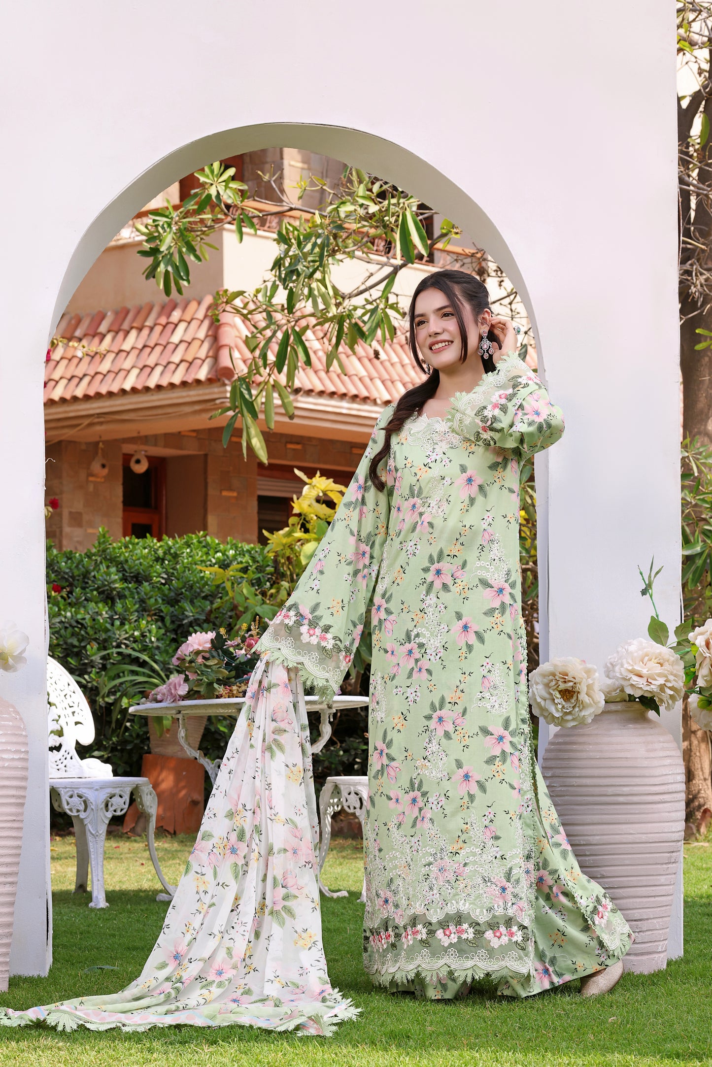 Rs 12950 Aneelas Stitched Lawn Print Emb 3pc with Chiffon Duppata [SPR-26-07-A] [Dispatch Time 2 Months]