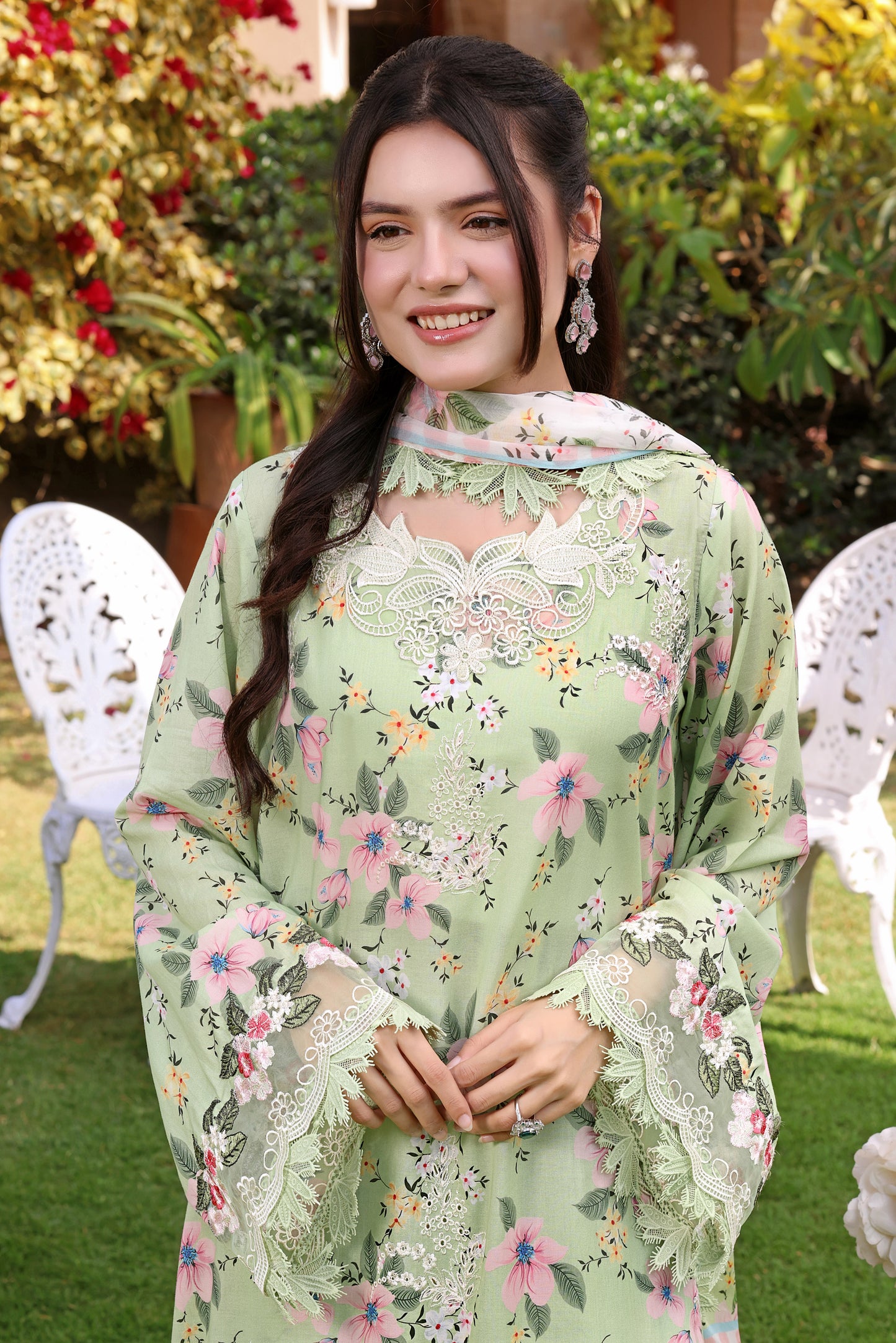 Rs 12950 Aneelas Stitched Lawn Print Emb 3pc with Chiffon Duppata [SPR-26-07-A] [Dispatch Time 2 Months]