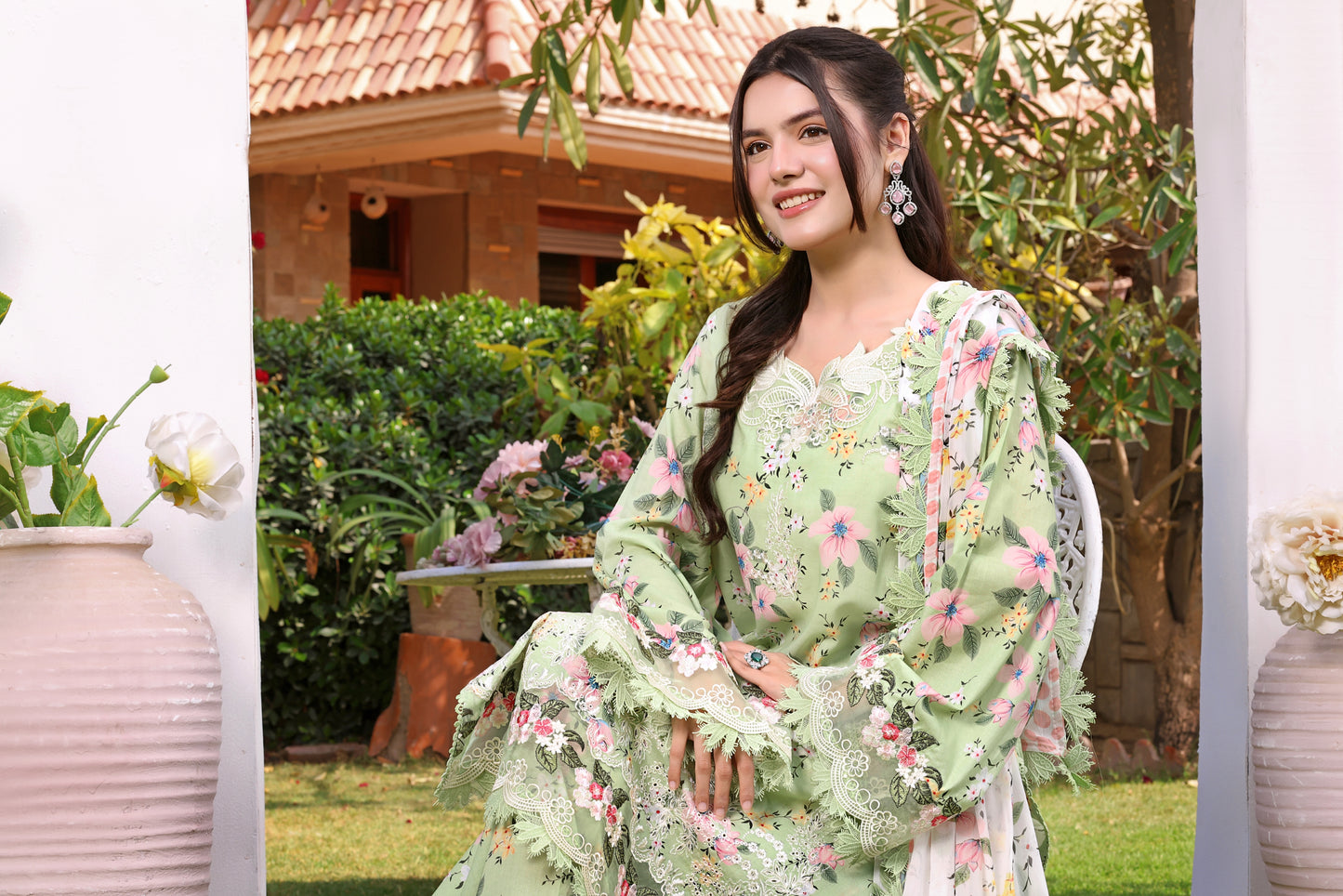 Rs 12950 Aneelas Stitched Lawn Print Emb 3pc with Chiffon Duppata [SPR-26-07-A] [Dispatch Time 2 Months]