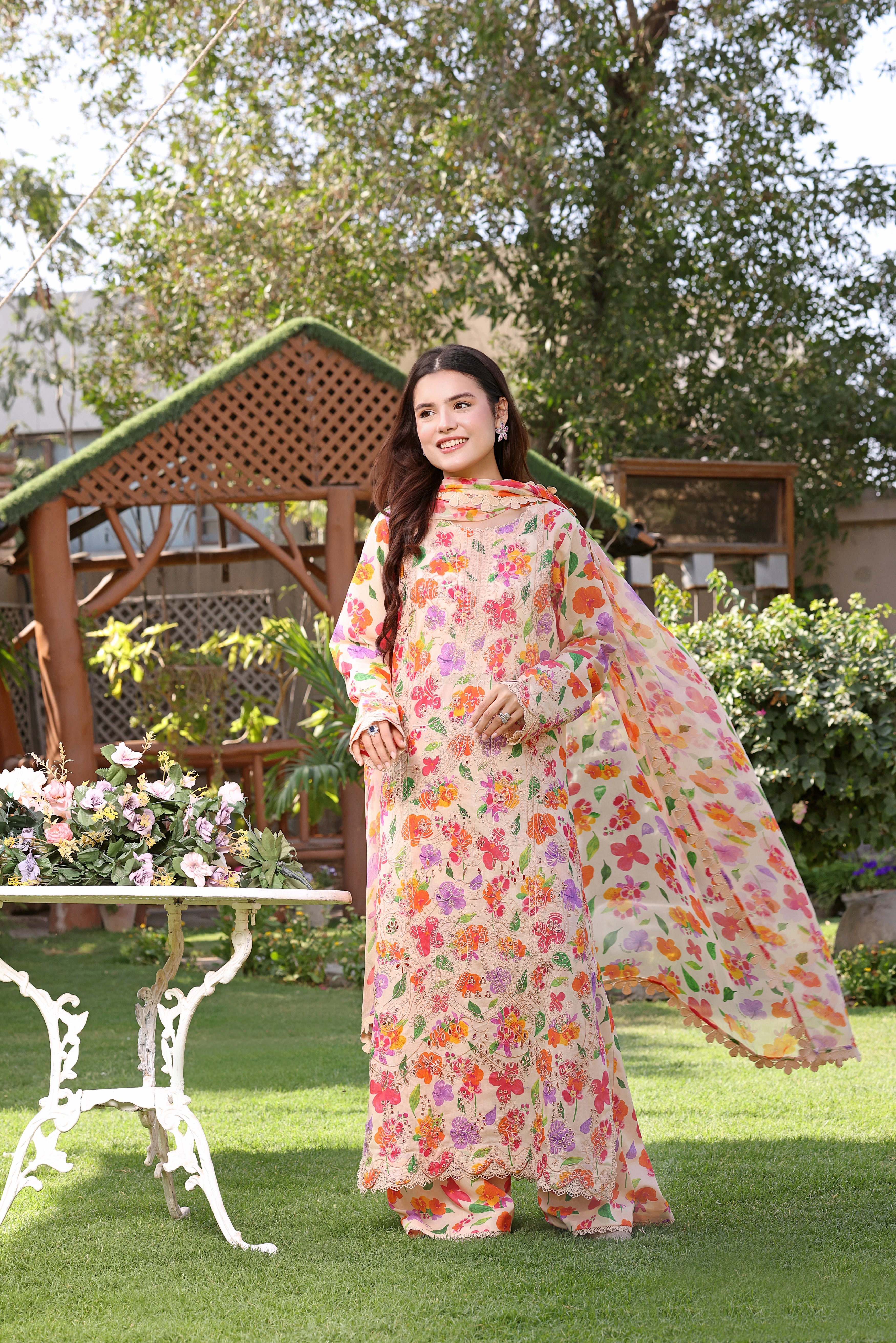 Rs 12950 Aneelas Stitched Lawn Print Emb 3pc with Chiffon Duppata [SPR-26-06-A] [Dispatch Time 2 Months]