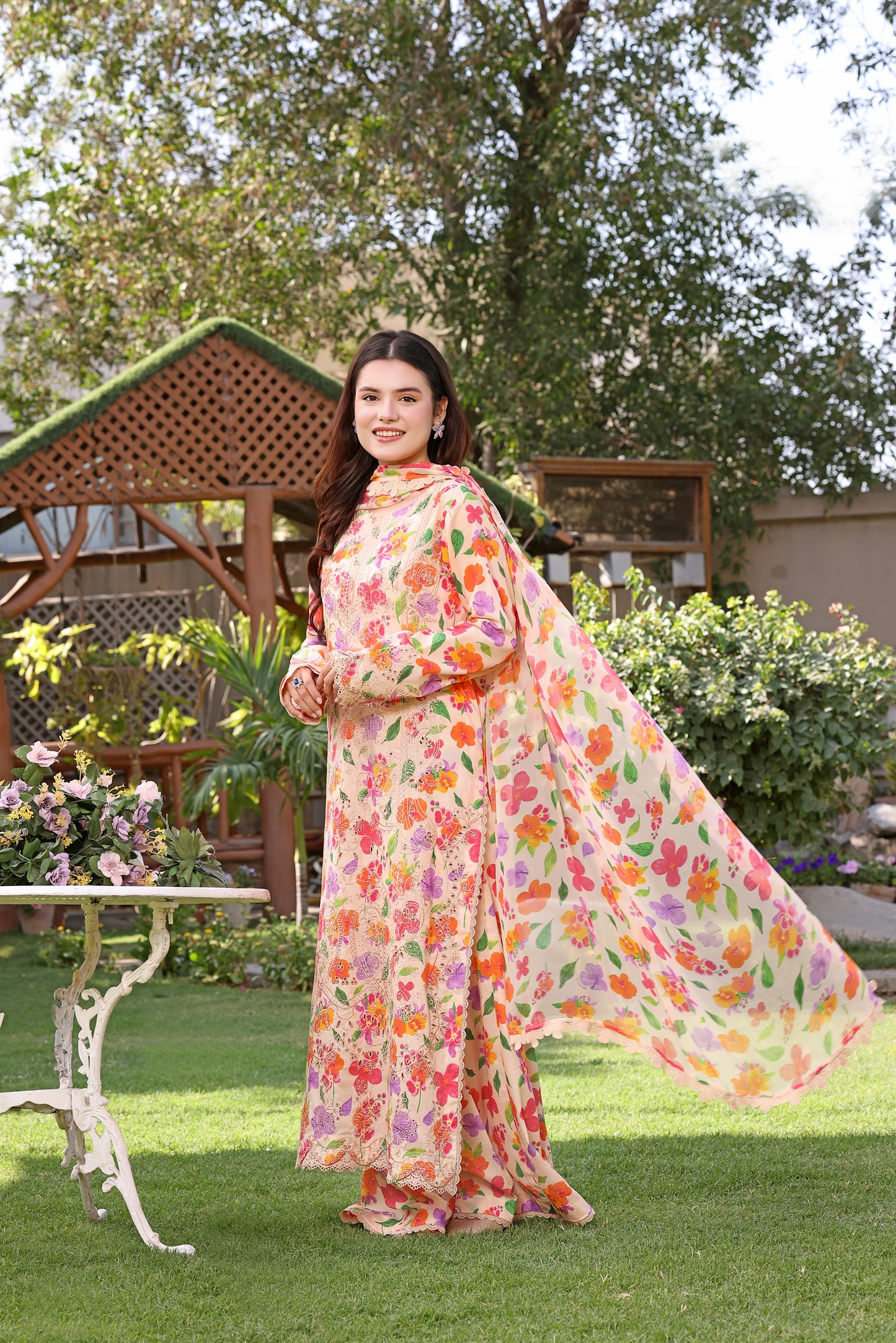 Rs 12950 Aneelas Stitched Lawn Print Emb 3pc with Chiffon Duppata [SPR-26-06-A] [Dispatch Time 2 Months]