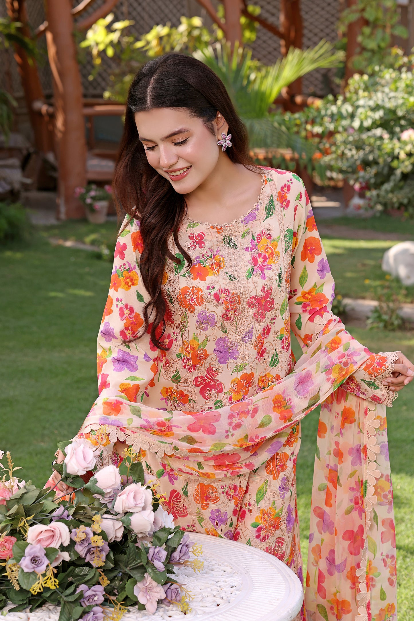 Rs 12950 Aneelas Stitched Lawn Print Emb 3pc with Chiffon Duppata [SPR-26-06-A] [Dispatch Time 2 Months]