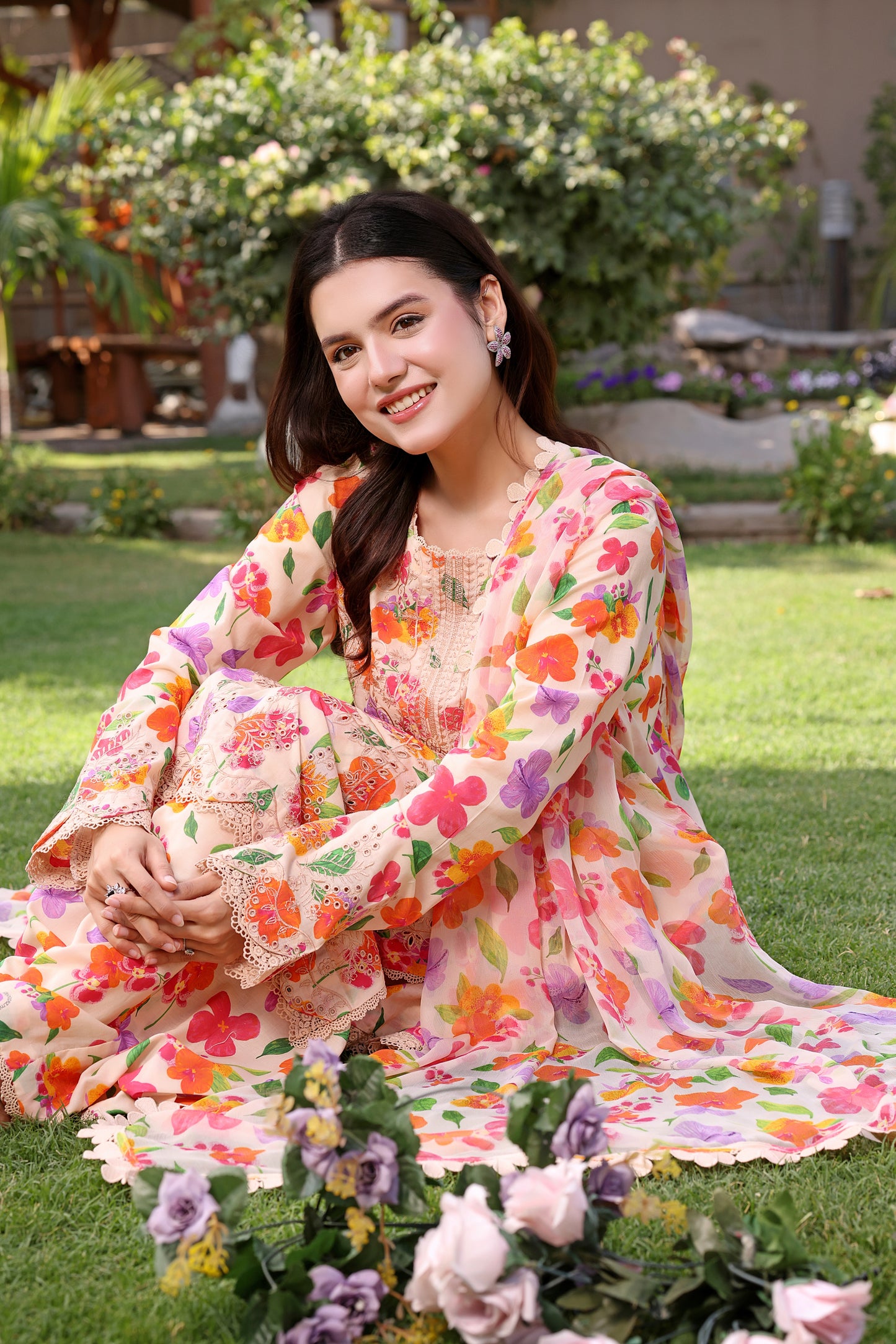 Rs 12950 Aneelas Stitched Lawn Print Emb 3pc with Chiffon Duppata [SPR-26-06-A] [Dispatch Time 2 Months]