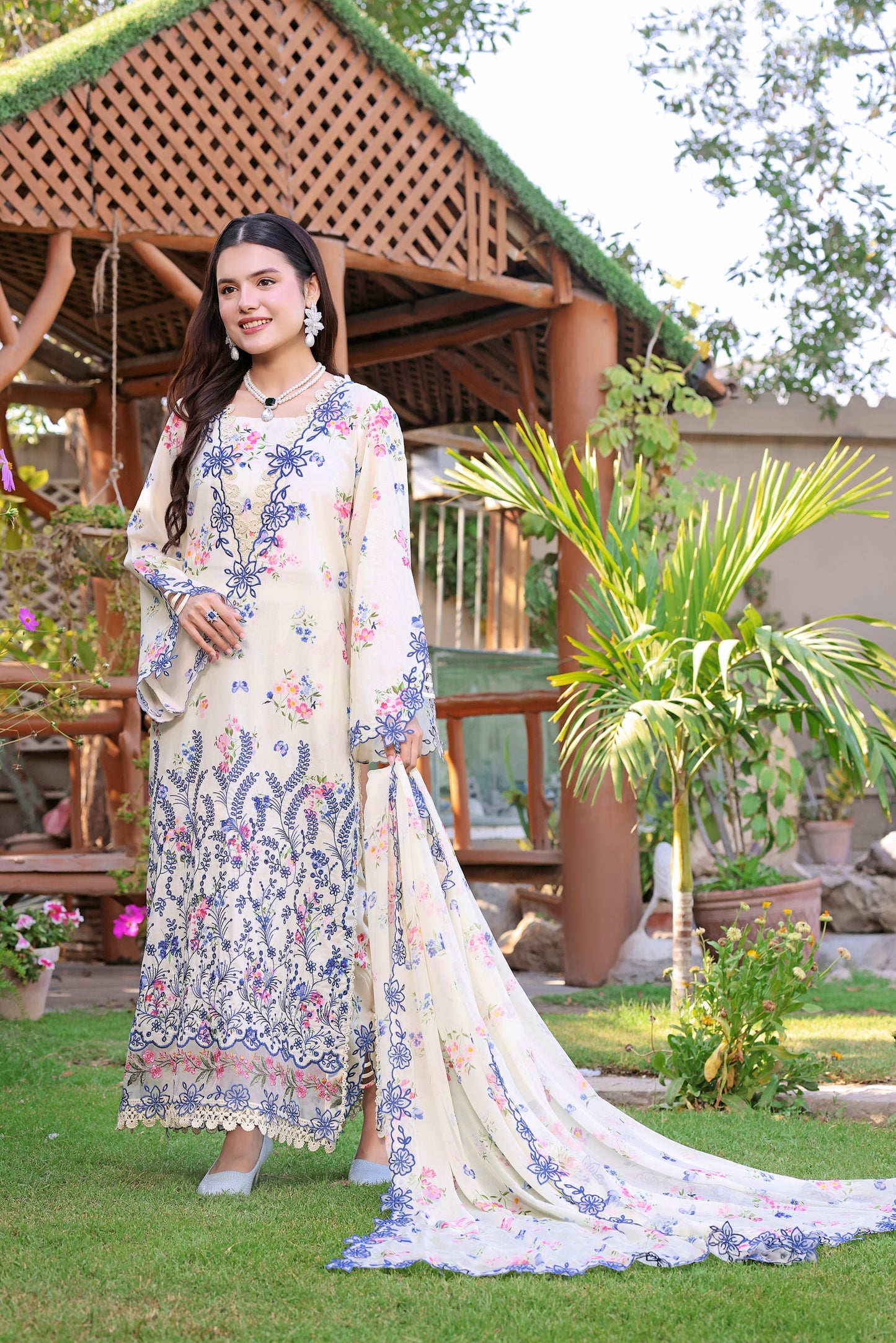 Rs 13950  Aneelas Stitched Luxury Lawn Print Emb Shirt Trouser with Emb Printed Chiffon Duppata 3pc [SPR-26-05] [Dispatch Time 2 Month]