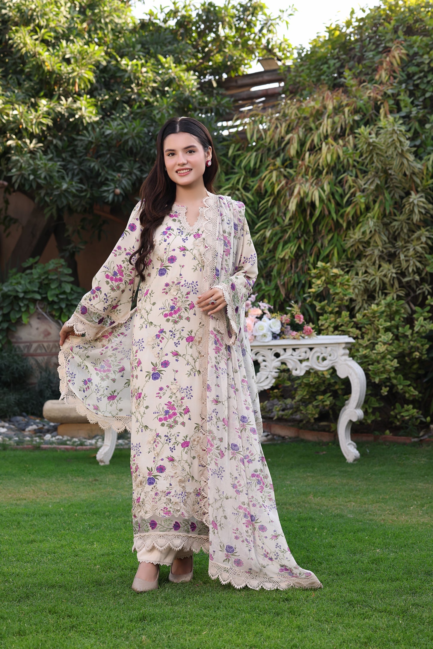Rs 12500 Aneelas Stitched Print Emb Lawn Chiffon Duppata 3pc [SPR-26-01] [Dispatch Time 2 Months]
