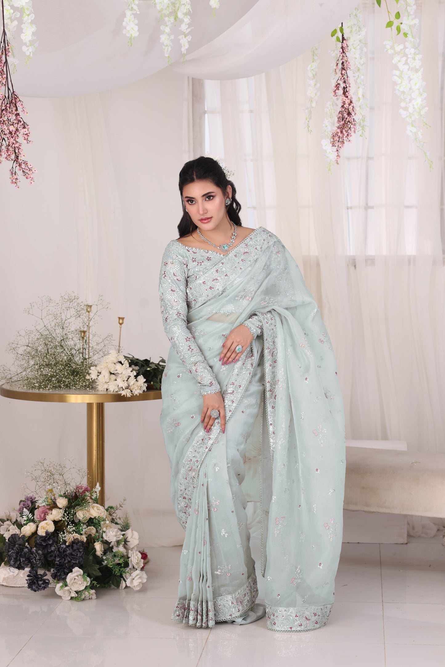 Aneelas Stitched Organza Emb Saree 3pc [SAR-03] [Dispatch Time 2 Months]