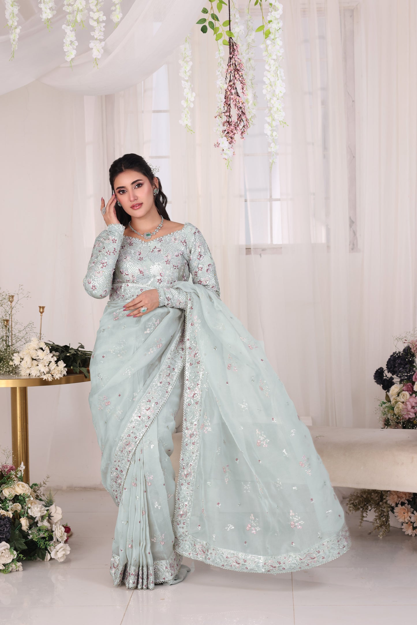 Aneelas Stitched Organza Emb Saree 3pc [SAR-03] [Dispatch Time 2 Months]