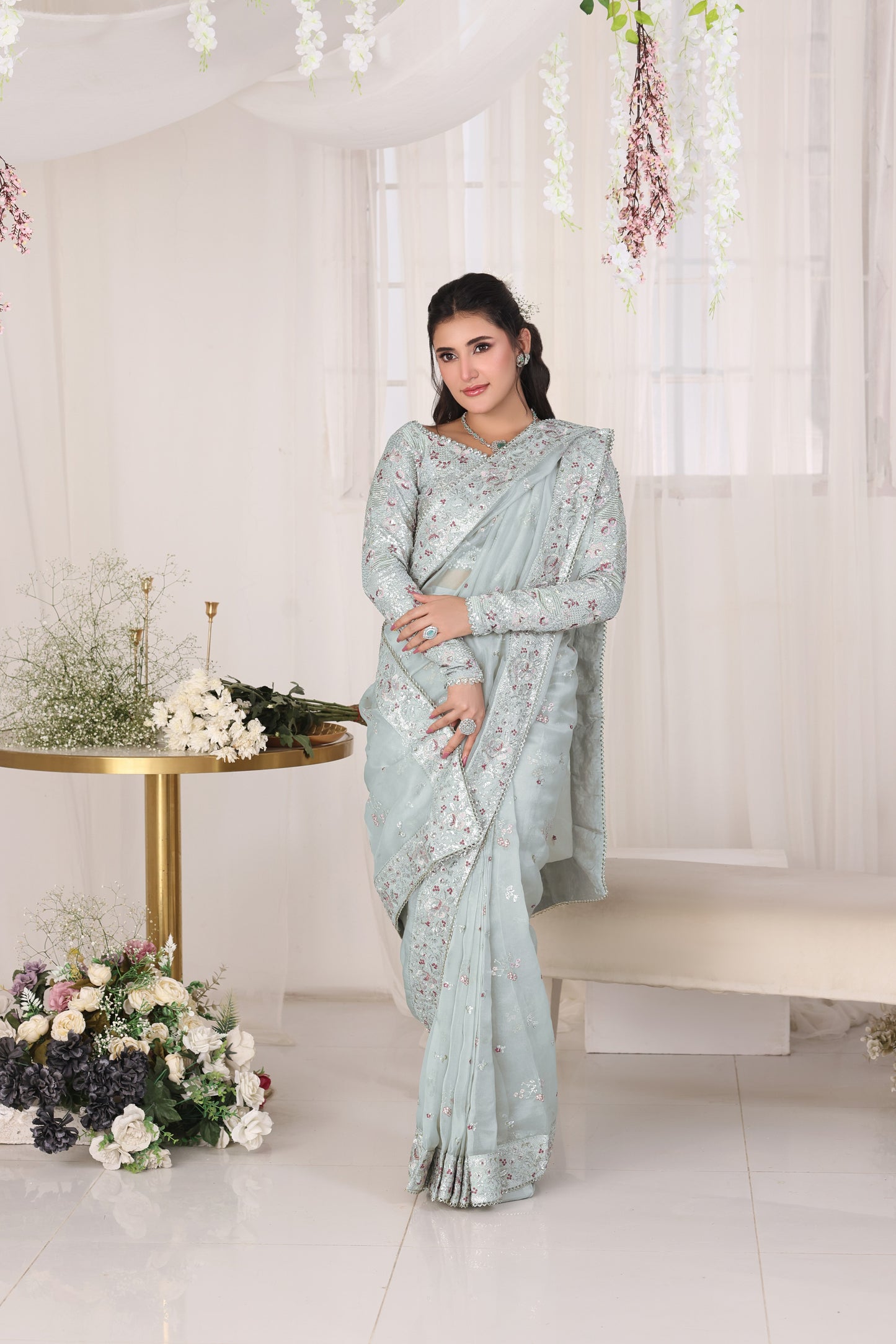 Aneelas Stitched Organza Emb Saree 3pc [SAR-03] [Dispatch Time 2 Months]