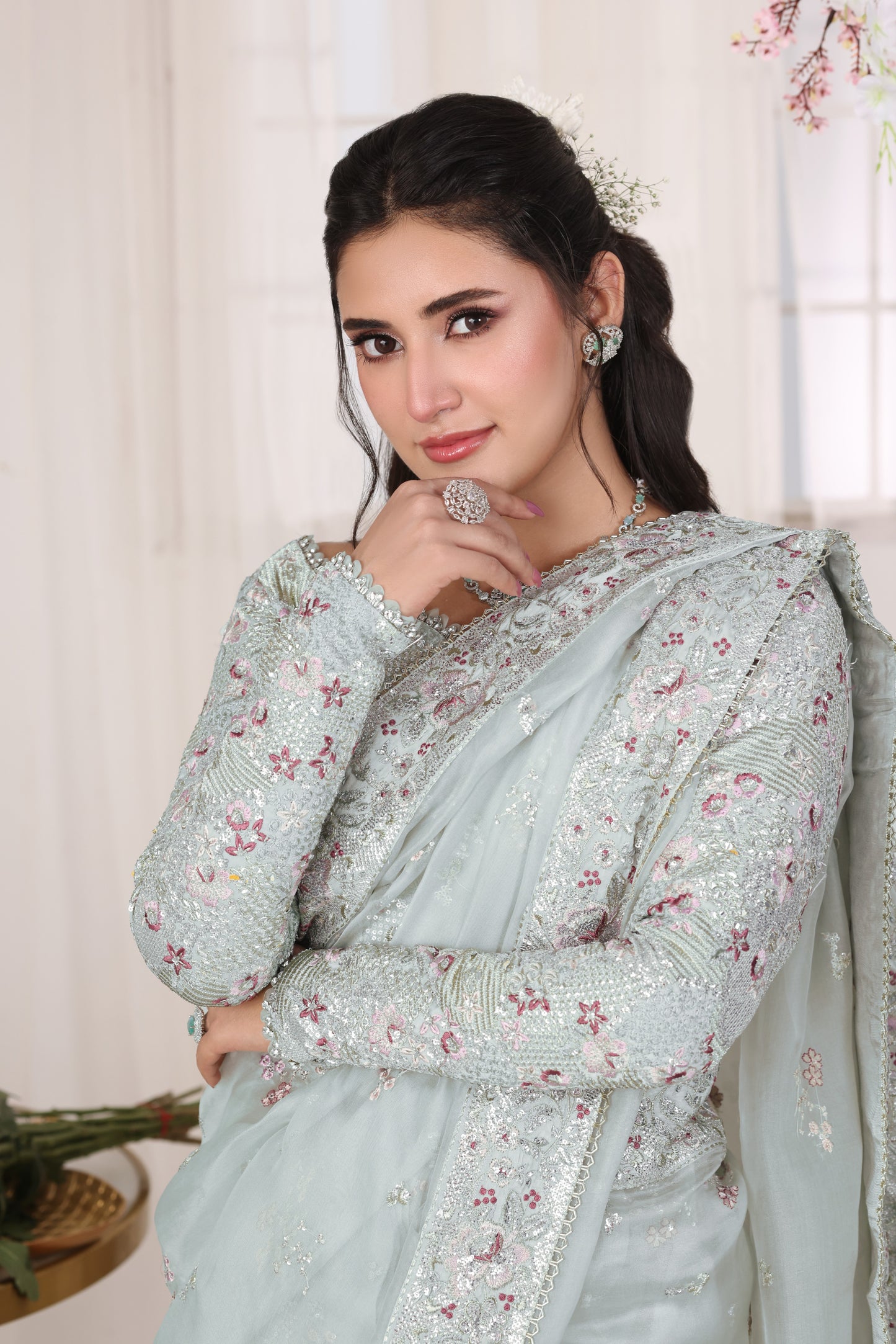Aneelas Stitched Organza Emb Saree 3pc [SAR-03] [Dispatch Time 2 Months]