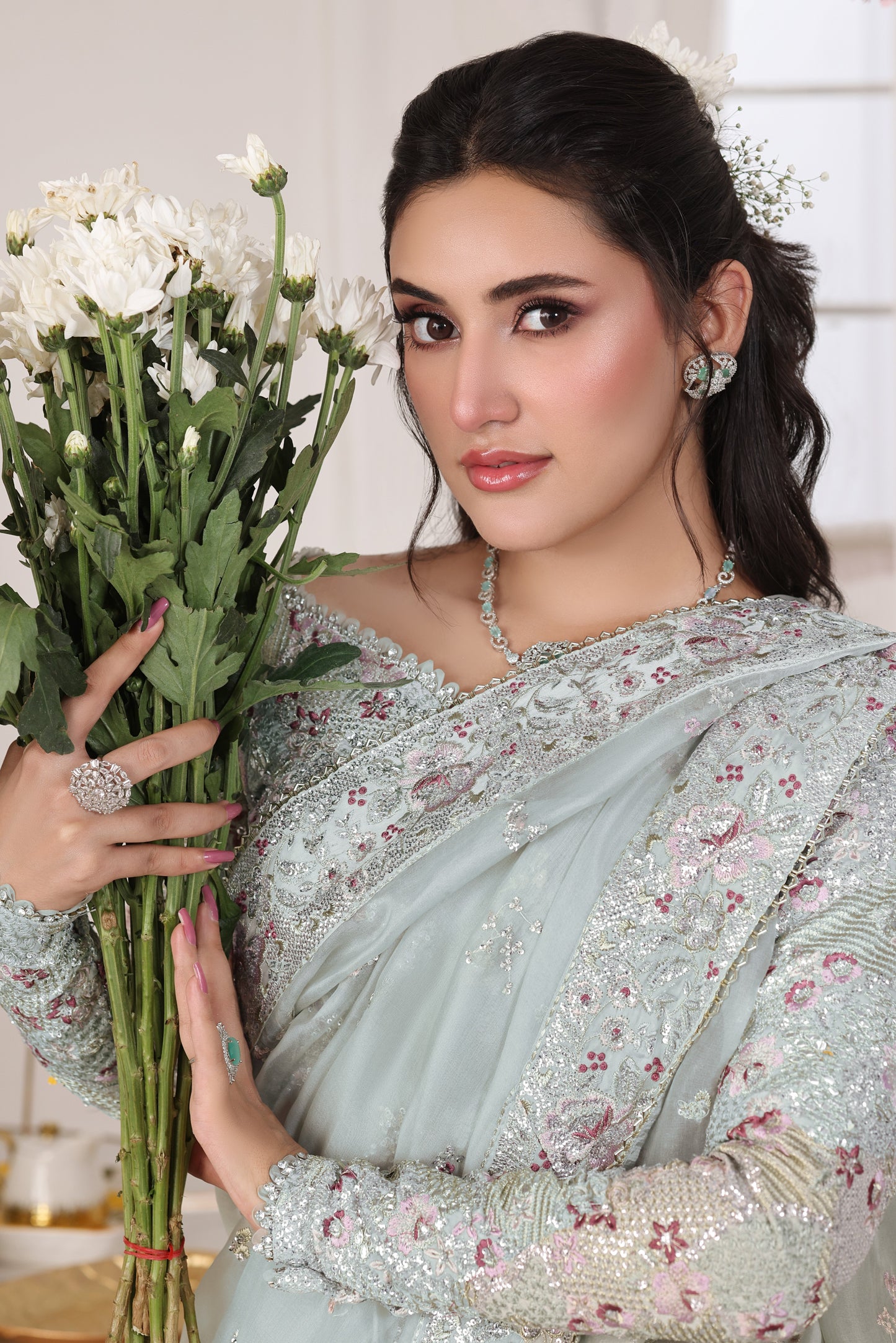 Aneelas Stitched Organza Emb Saree 3pc [SAR-03] [Dispatch Time 2 Months]