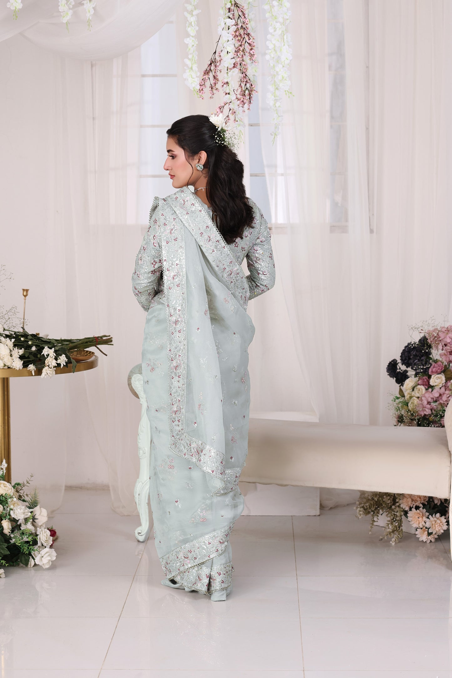 Aneelas Stitched Organza Emb Saree 3pc [SAR-03] [Dispatch Time 2 Months]