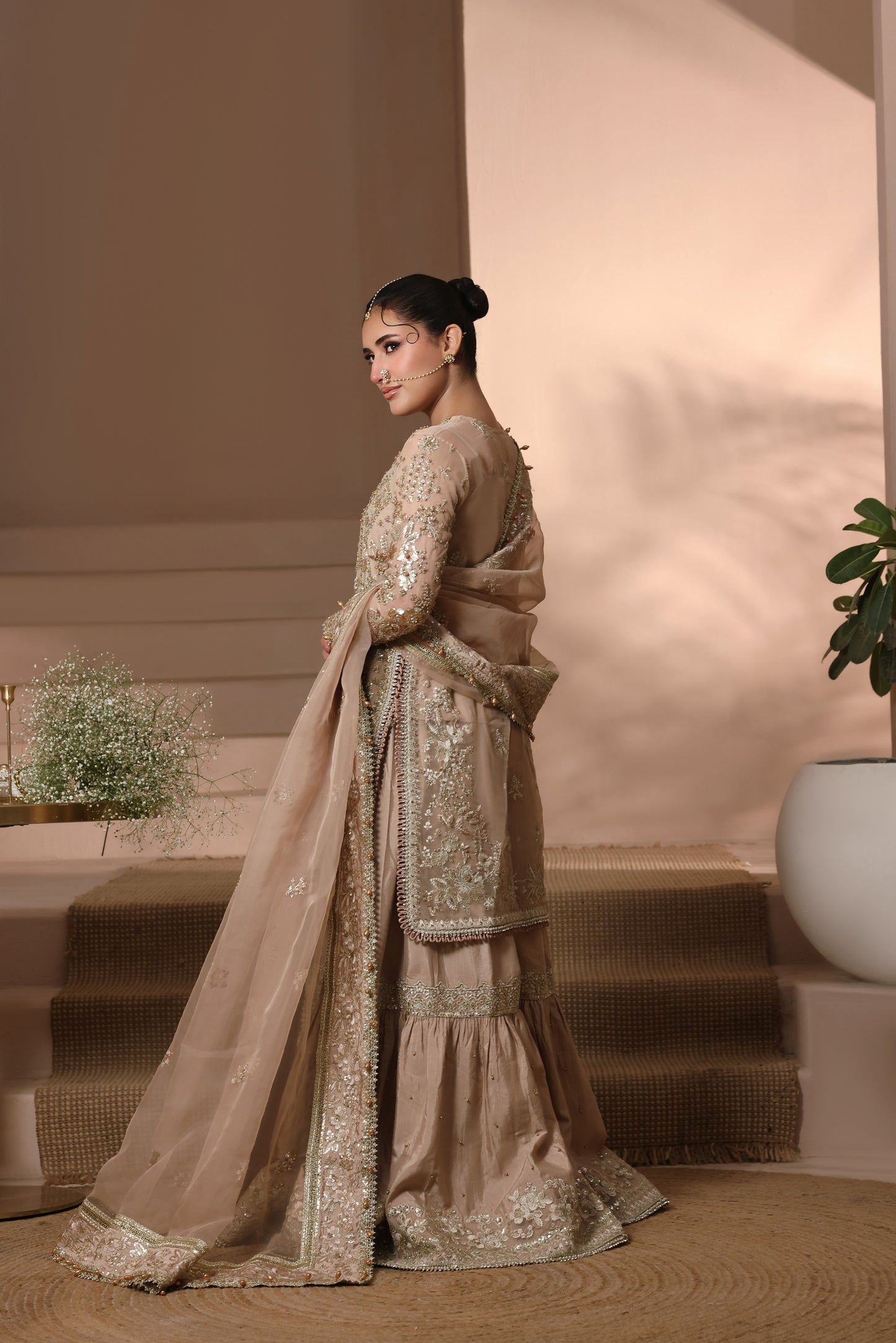 Aneelas Stitched Bridal Heavy Ada Work Embroidered LONG Shirt Trouser Organza Duppata 3pc [BR-31-B] [Dispatch Time 3 Months]