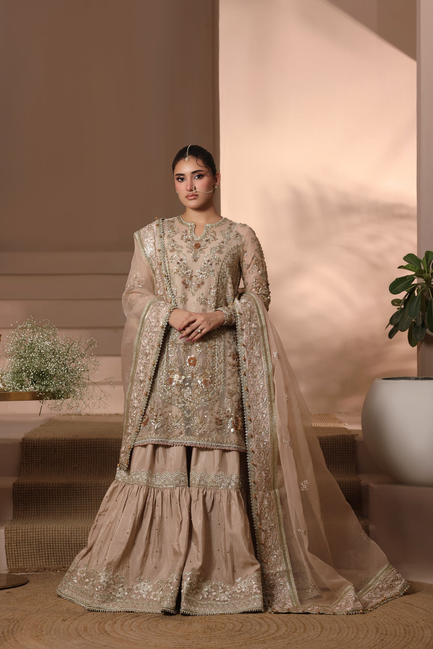 Aneelas Stitched Bridal Heavy Ada Work Embroidered LONG Shirt Trouser Organza Duppata 3pc [BR-31-B] [Dispatch Time 3 Months]