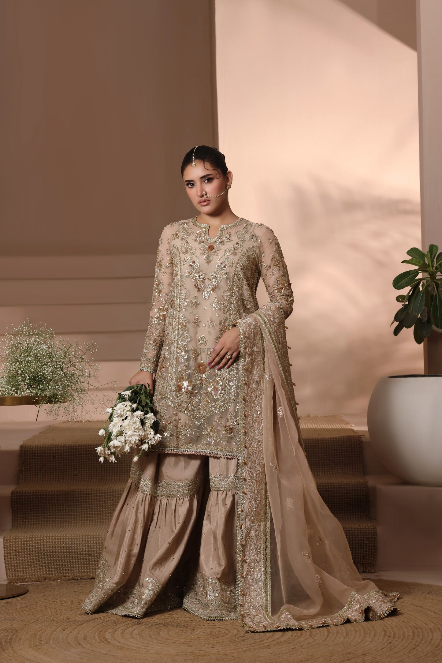 Aneelas Stitched Bridal Heavy Ada Work Embroidered LONG Shirt Trouser Organza Duppata 3pc [BR-31-B] [Dispatch Time 3 Months]
