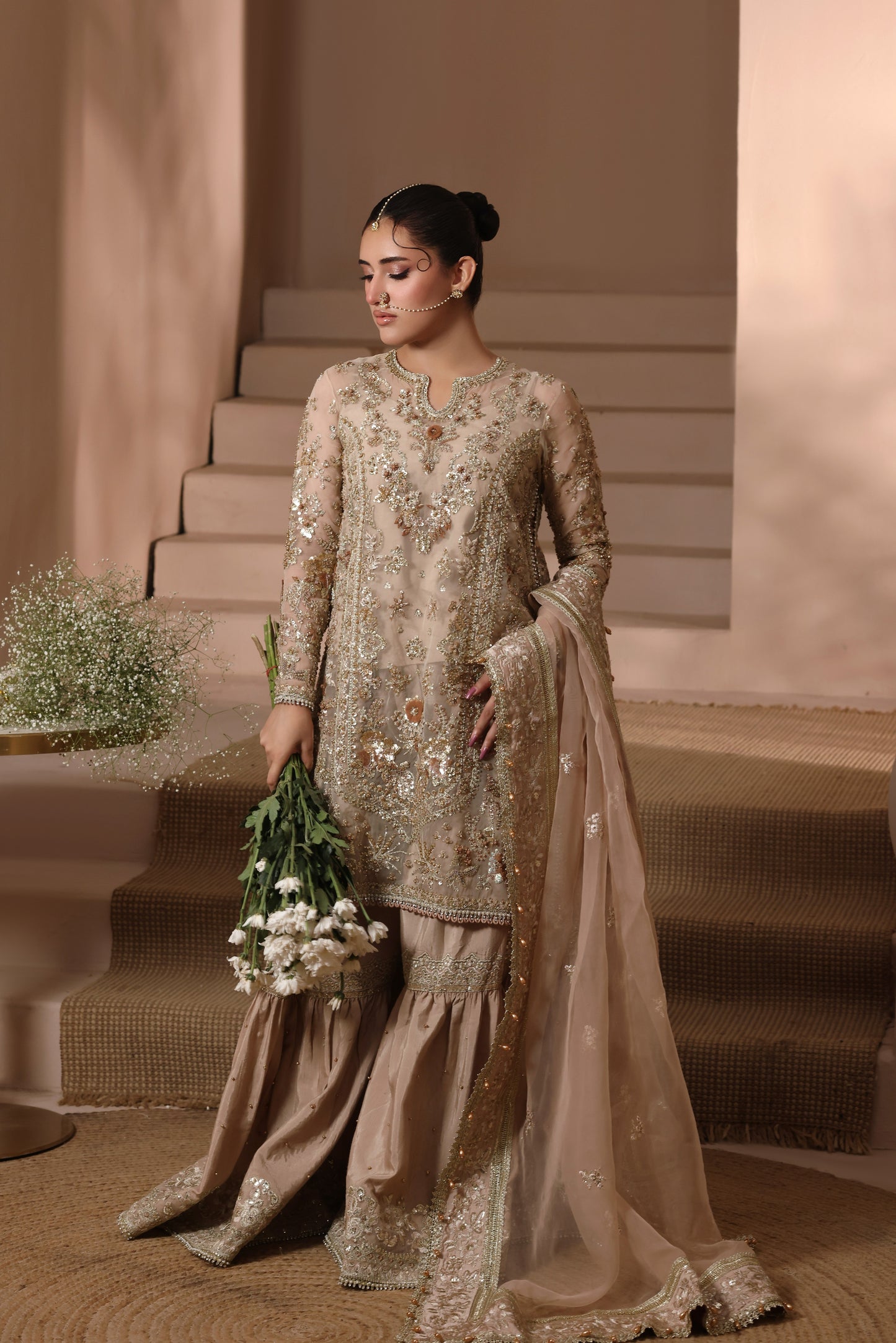 Aneelas Stitched Bridal Heavy Ada Work Embroidered LONG Shirt Trouser Organza Duppata 3pc [BR-31-B] [Dispatch Time 3 Months]