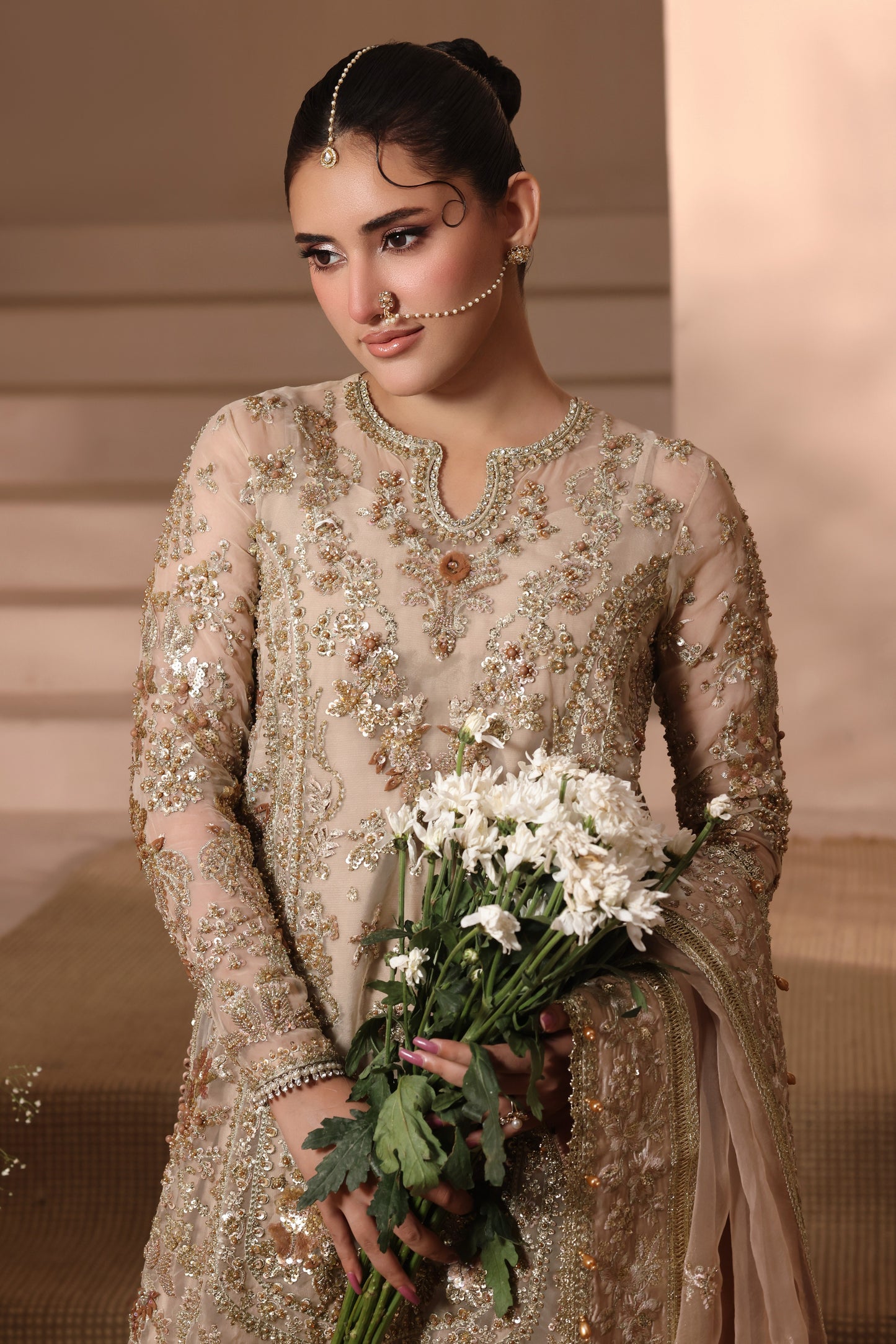 Aneelas Stitched Bridal Heavy Ada Work Embroidered LONG Shirt Trouser Organza Duppata 3pc [BR-31-B] [Dispatch Time 3 Months]