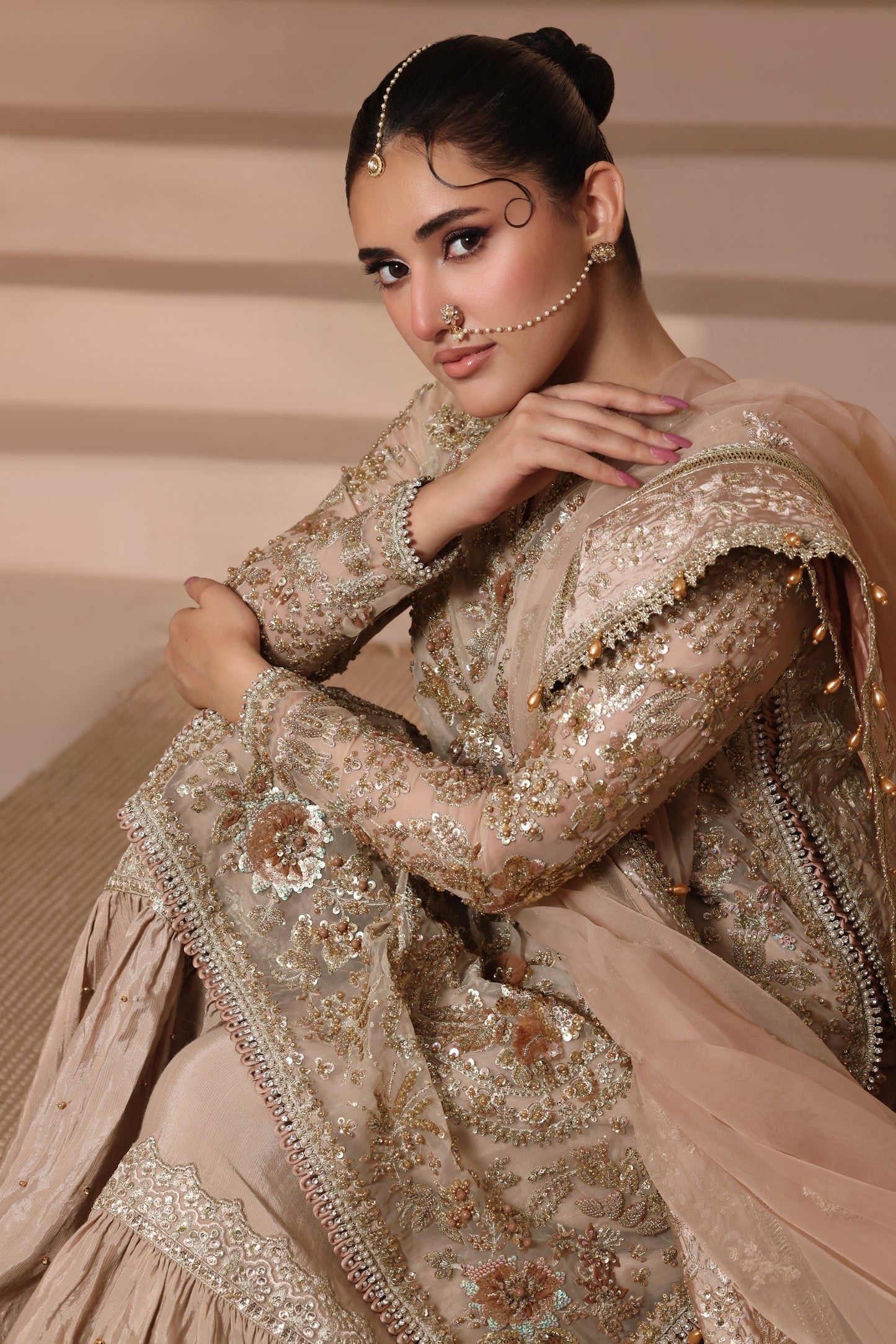Aneelas Stitched Bridal Heavy Ada Work Embroidered LONG Shirt Trouser Organza Duppata 3pc [BR-31-B] [Dispatch Time 3 Months]