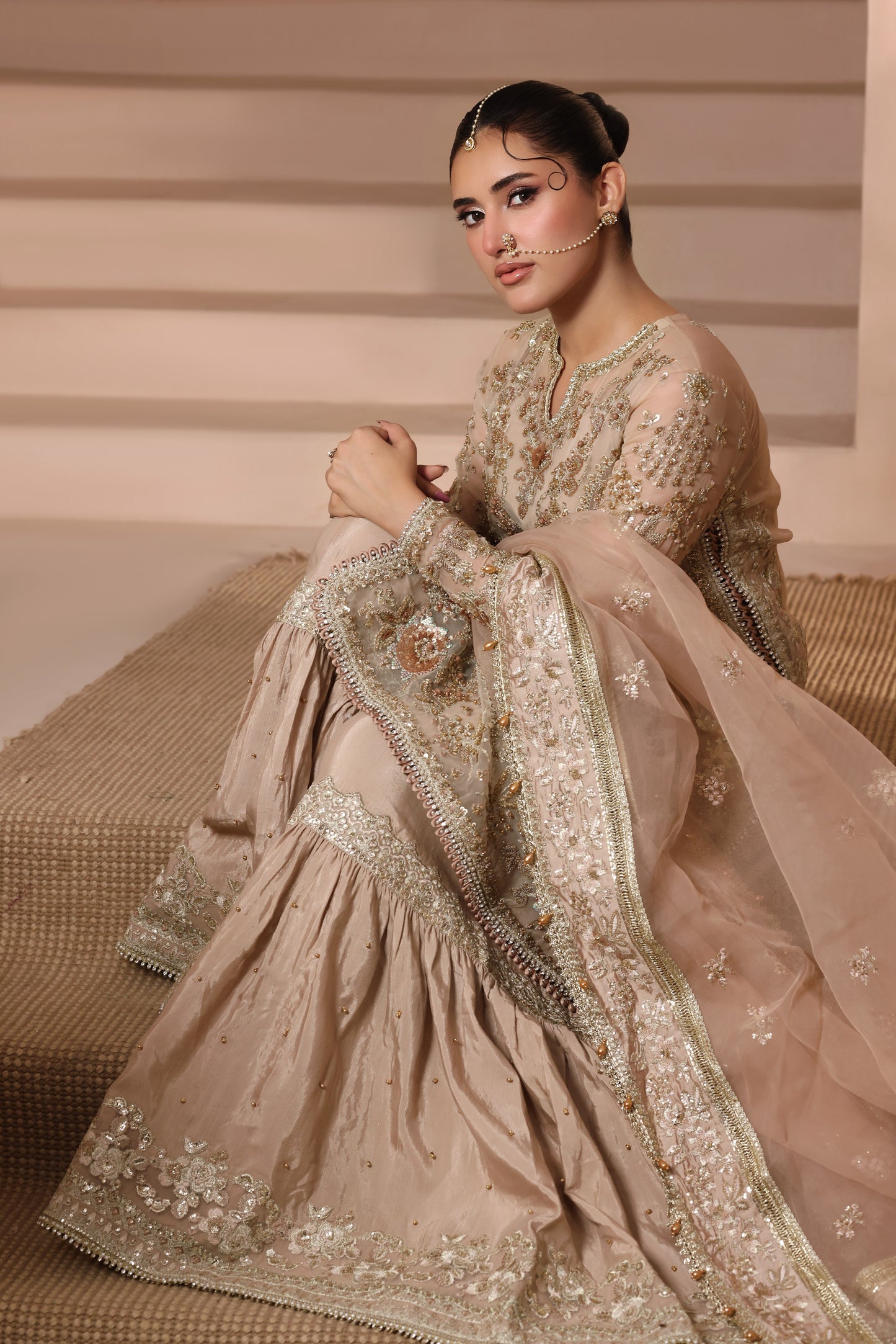 Aneelas Stitched Bridal Heavy Ada Work Embroidered LONG Shirt Trouser Organza Duppata 3pc [BR-31-B] [Dispatch Time 3 Months]