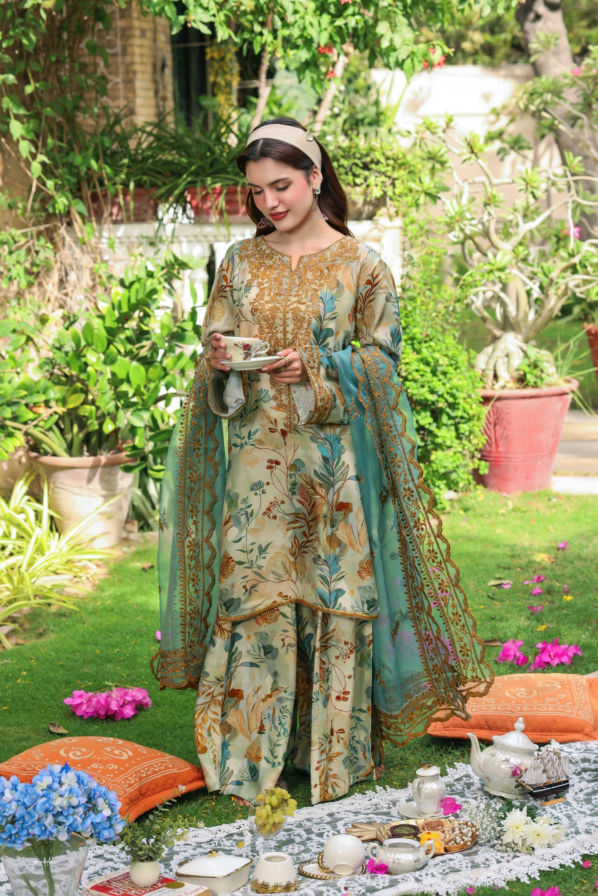 Aneelas Print Emb Raw Silk 3pc Emb Organza Duppata [FC-50] [Dispatch Time 2 Months]