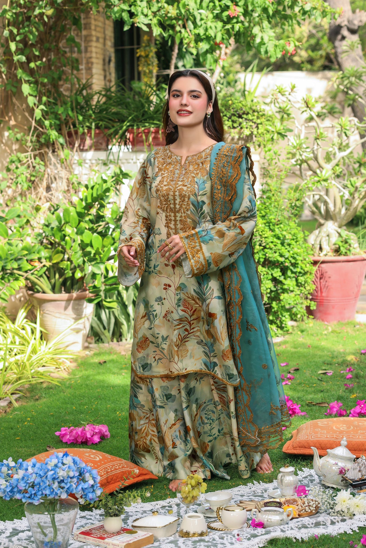 Aneelas Print Emb Raw Silk 3pc Emb Organza Duppata [FC-50] [Dispatch Time 2 Months]