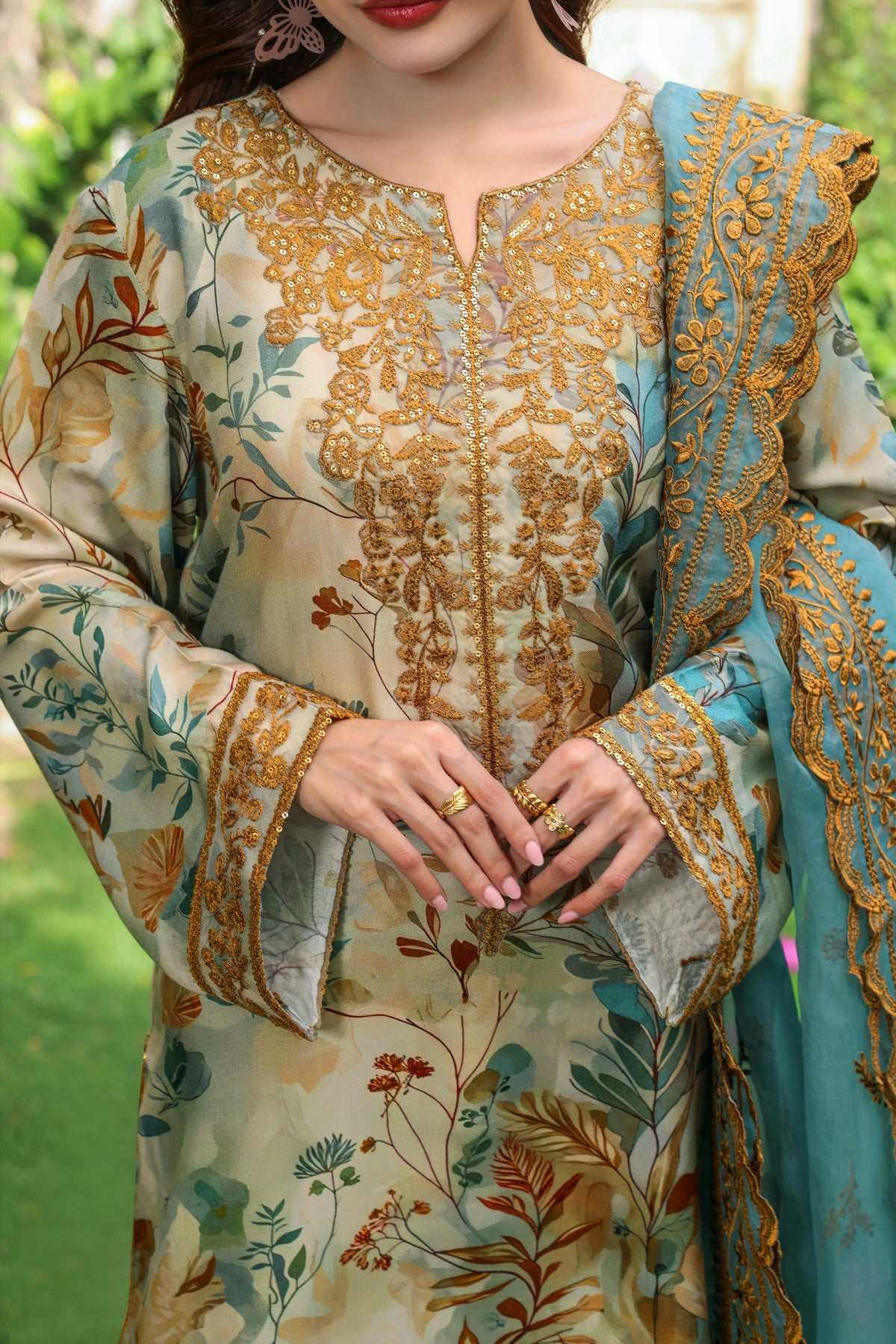 Aneelas Print Emb Raw Silk 3pc Emb Organza Duppata [FC-50] [Dispatch Time 2 Months]