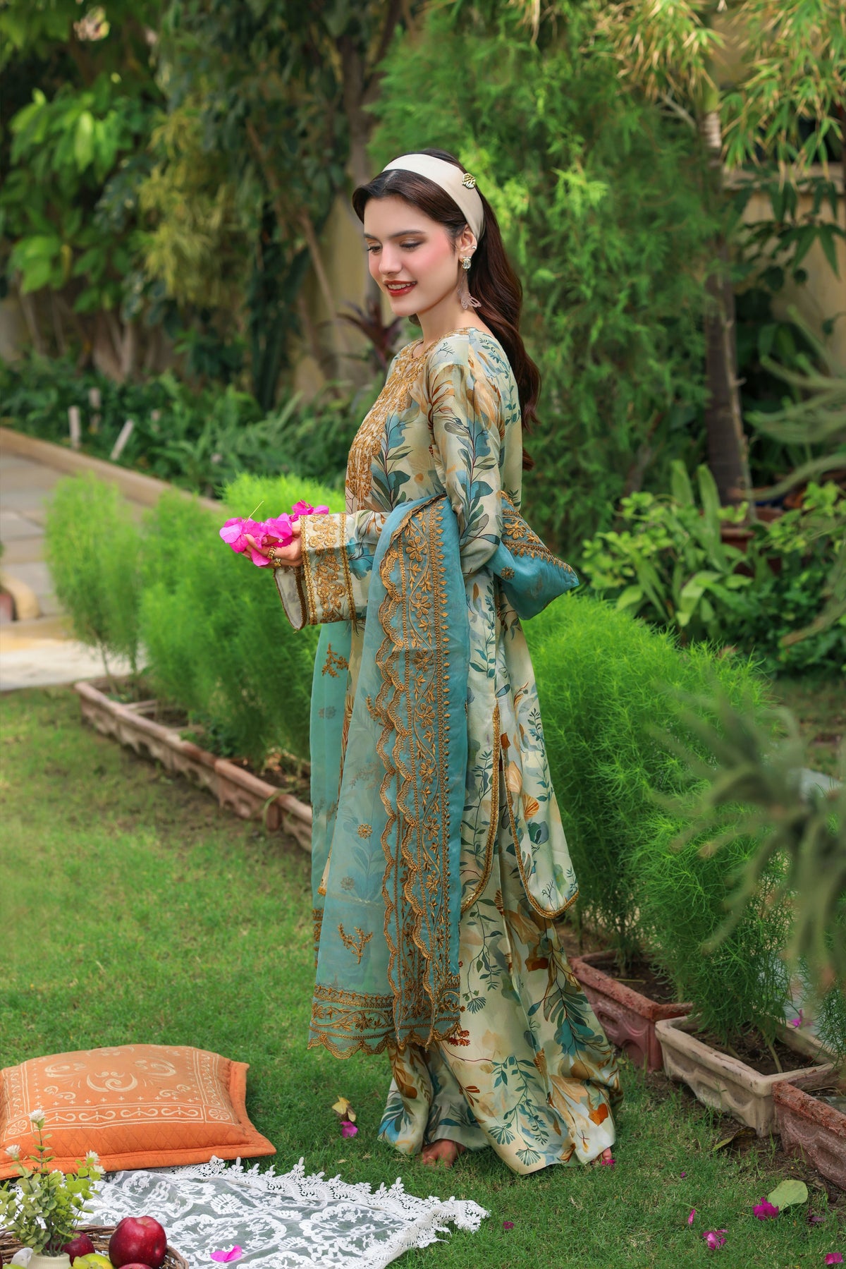 Aneelas Print Emb Raw Silk 3pc Emb Organza Duppata [FC-50] [Dispatch Time 2 Months]
