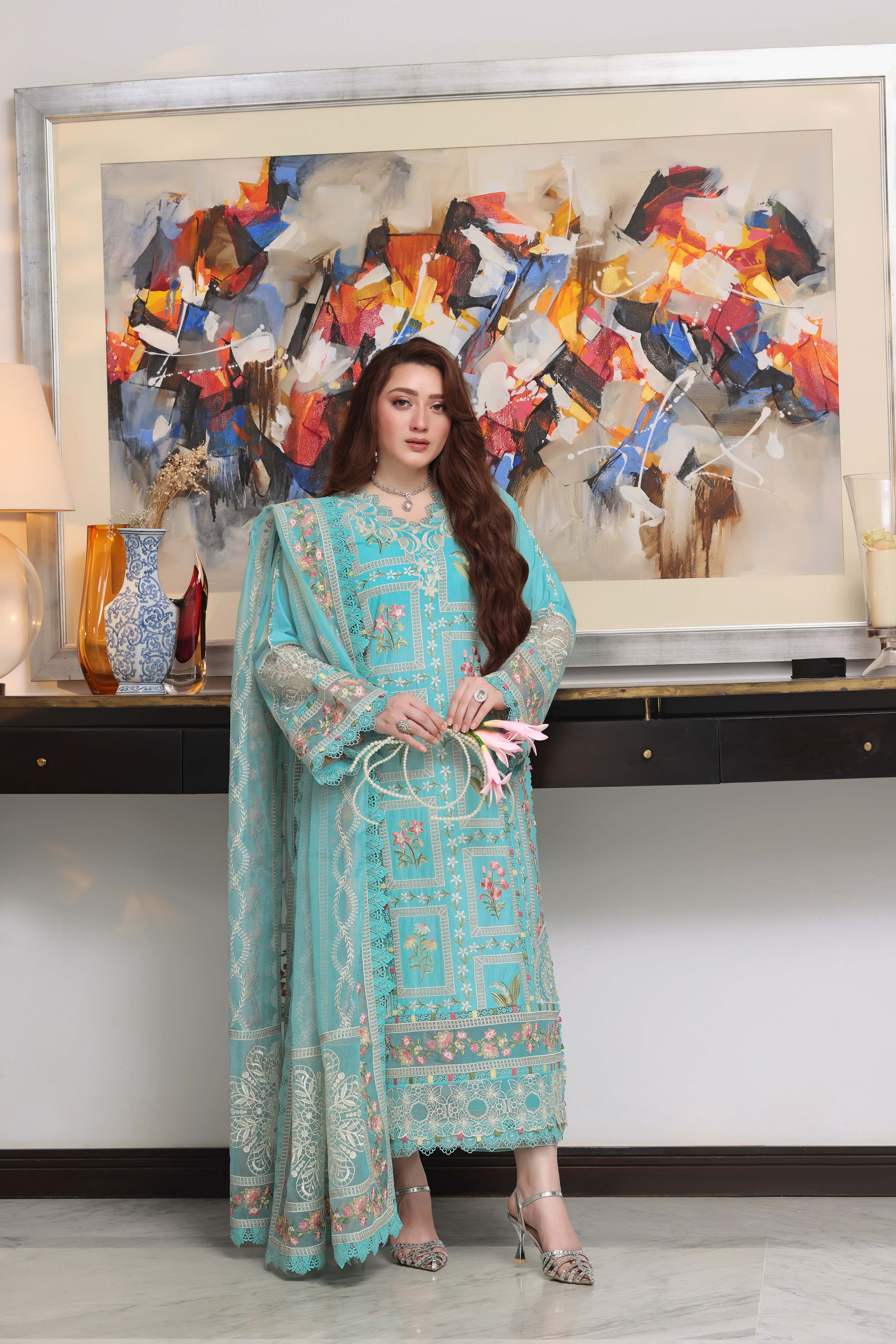Rs 18500 Aneelas Stitched Luxury Lawn Emb 3pc Khadi Net Duppata [LUX-26-80] [Dispatch Time 2 Months]
