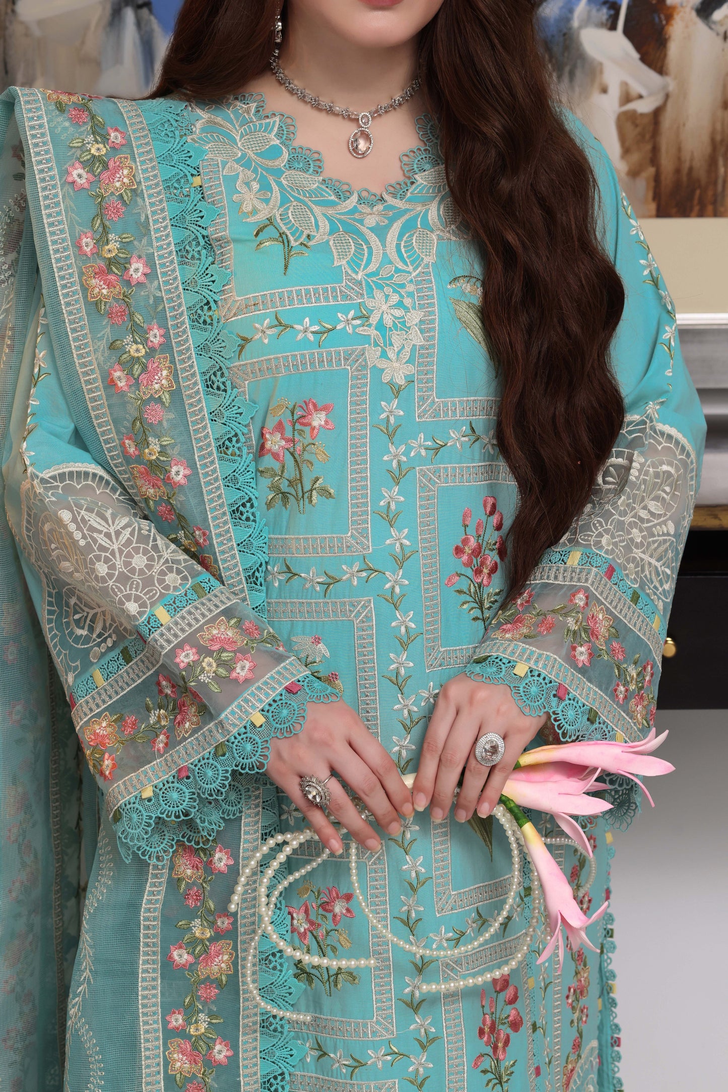Rs 18500 Aneelas Stitched Luxury Lawn Emb 3pc Khadi Net Duppata [LUX-26-80] [Dispatch Time 2 Months]