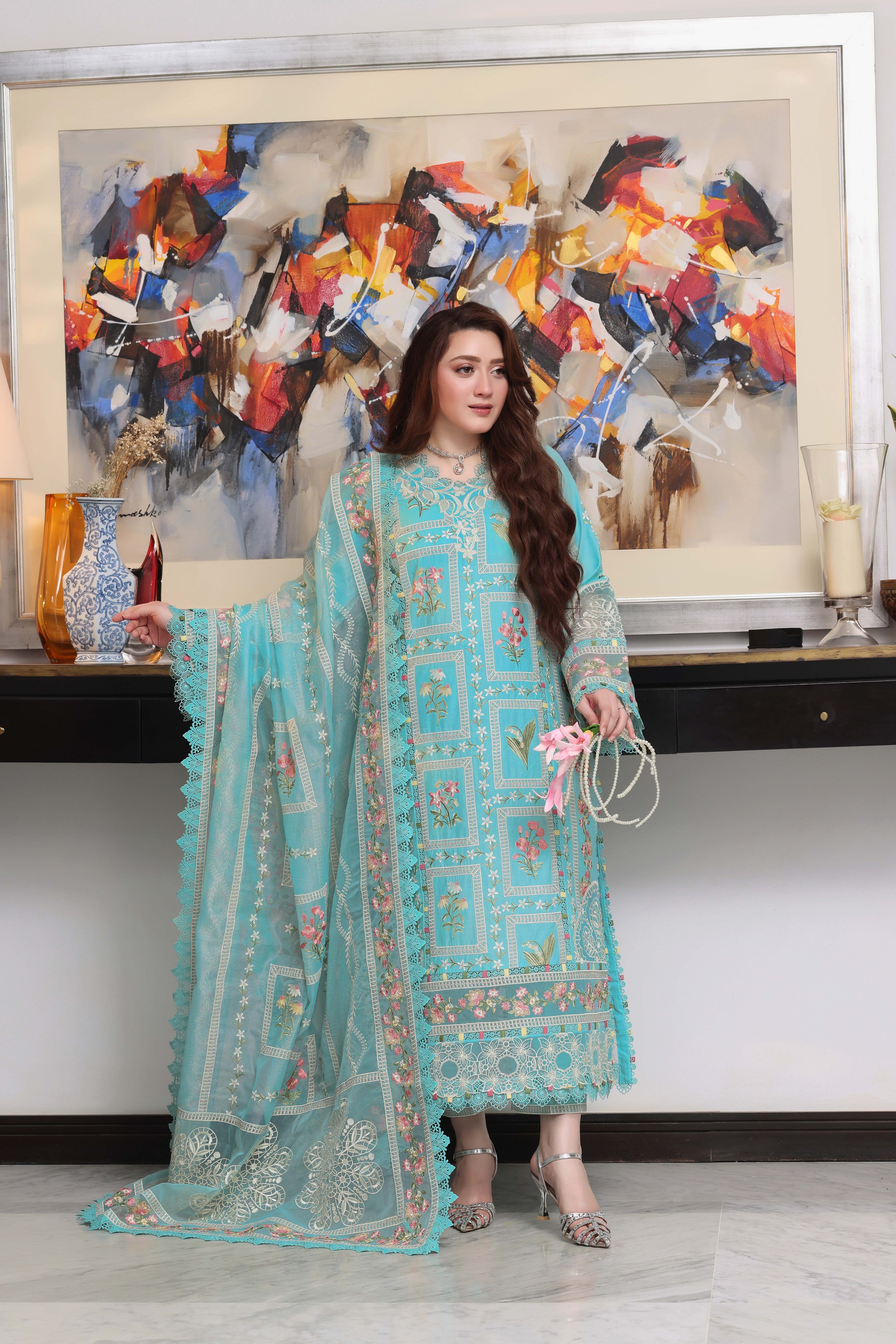 Rs 13450 Aneelas Stitched Luxury Lawn Emb Shirt Trouser 2pc [LUX-26-80] [Dispatch Time 2 Months]