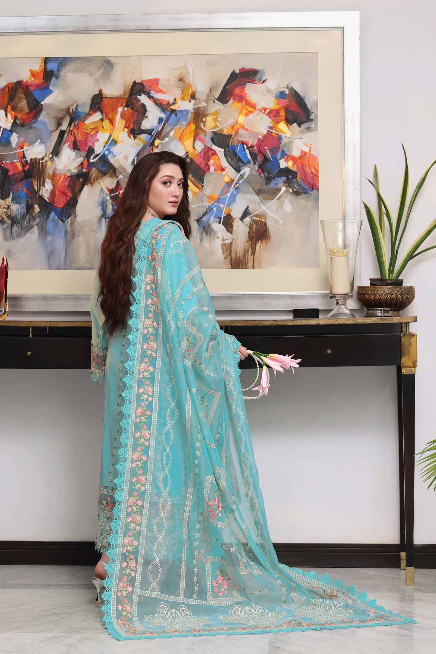 Rs 18500 Aneelas Stitched Luxury Lawn Emb 3pc Khadi Net Duppata [LUX-26-80] [Dispatch Time 2 Months]