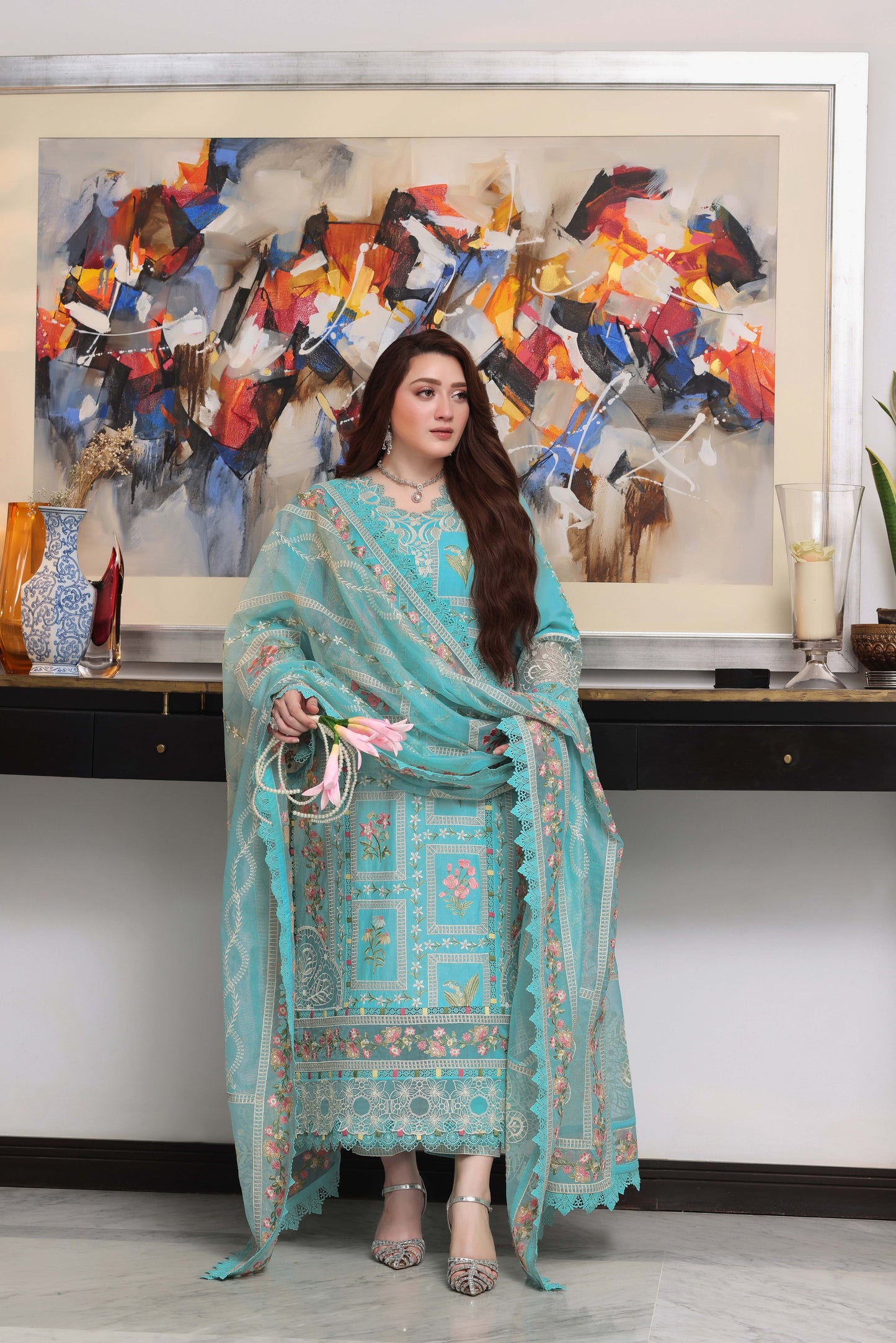 Rs 18500 Aneelas Stitched Luxury Lawn Emb 3pc Khadi Net Duppata [LUX-26-80] [Dispatch Time 2 Months]