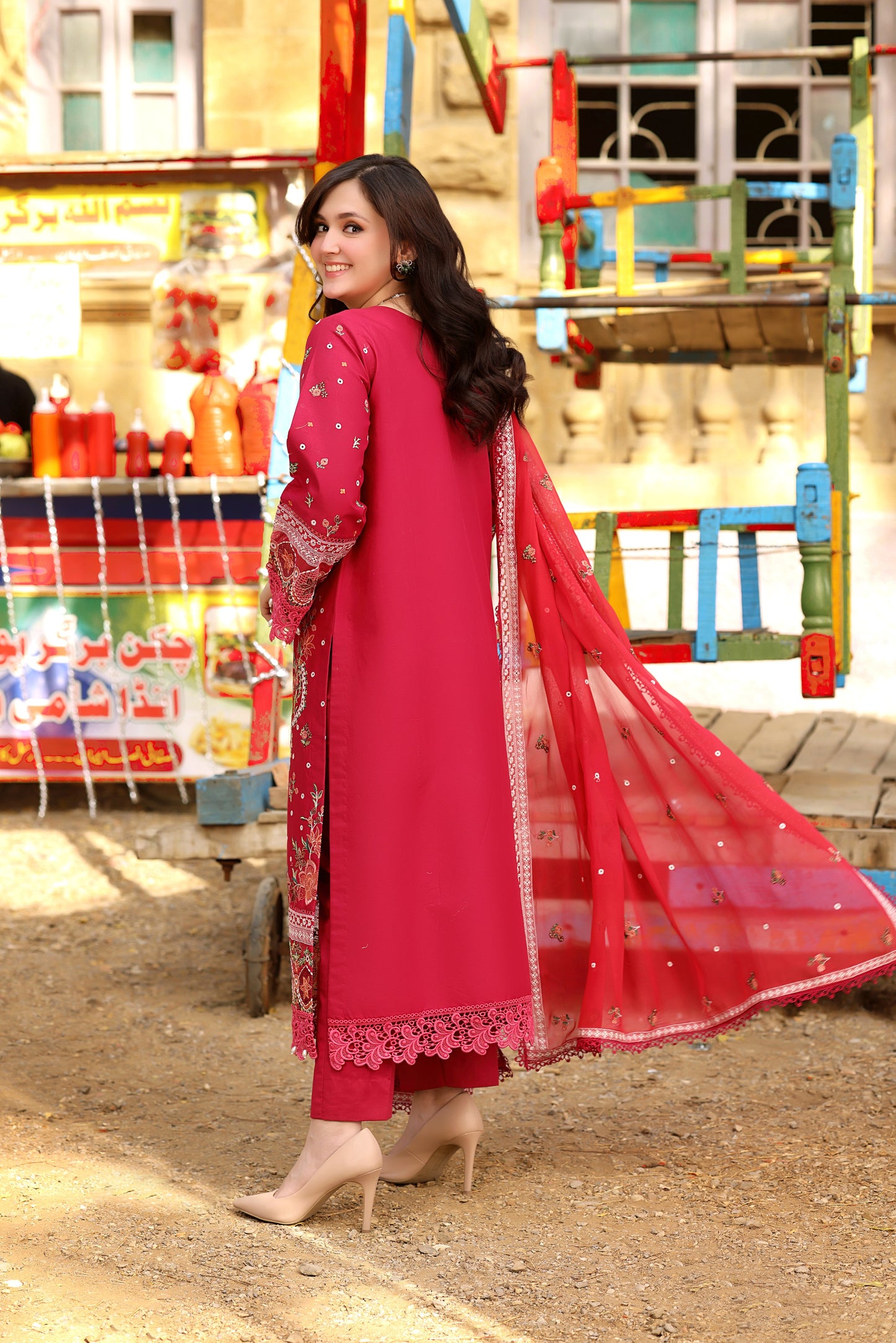 Rs 15500  Aneelas Stitched Emb Lawn with Chiffon Duppata 3pc [LUX-26-04] [Dispatch Time 2 Months] [Hot Pink]