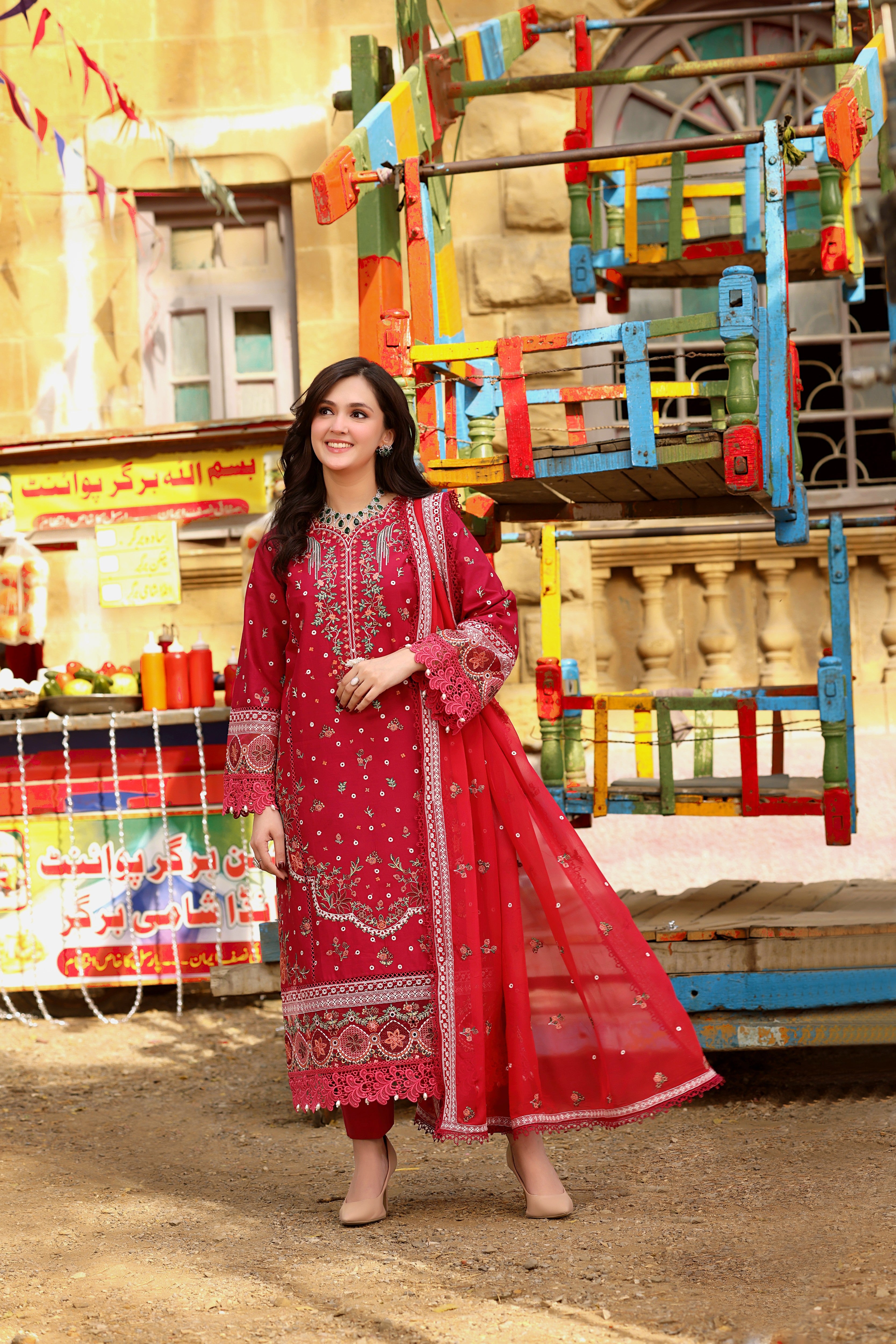 Rs 15500  Aneelas Stitched Emb Lawn with Chiffon Duppata 3pc [LUX-26-04] [Dispatch Time 2 Months] [Hot Pink]