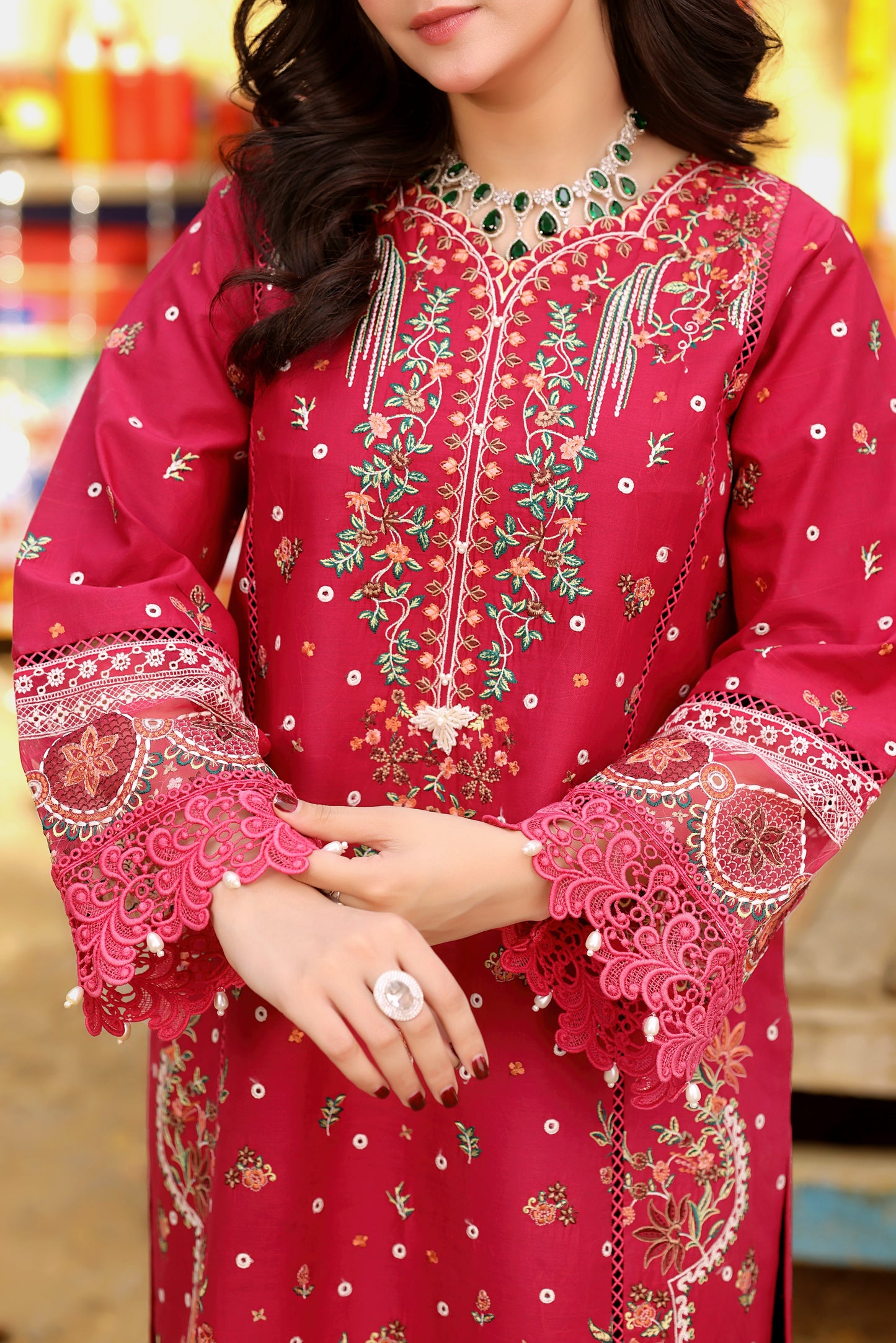 Rs 15500  Aneelas Stitched Emb Lawn with Chiffon Duppata 3pc [LUX-26-04] [Dispatch Time 2 Months] [Hot Pink]