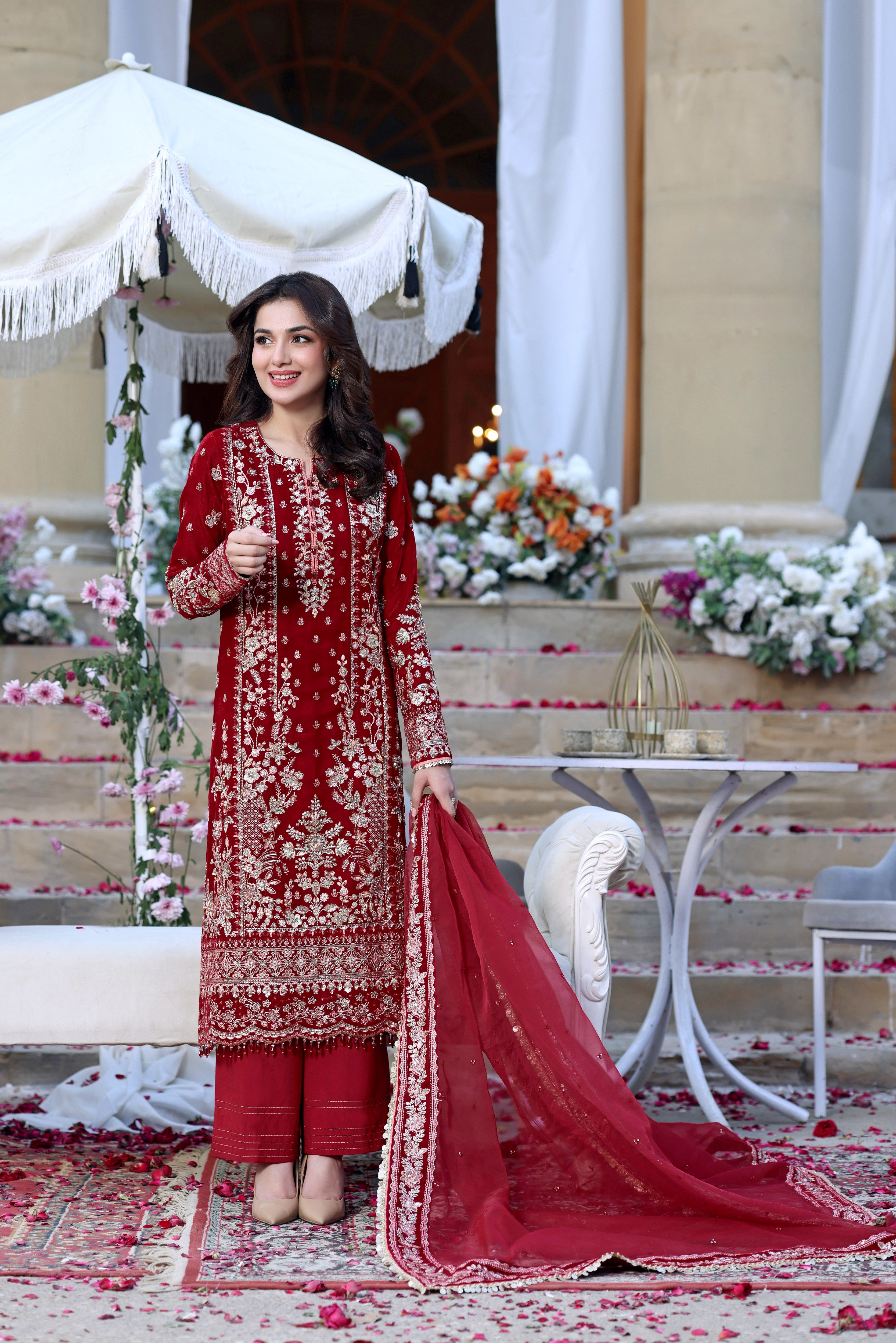 Rs 38000 Aneelas Stitched Bridal Ada Work Velvet Shirt Raw Silk Trouser Organza Duppata 3pc [VT-10] [Dispatch Time 2 Months]