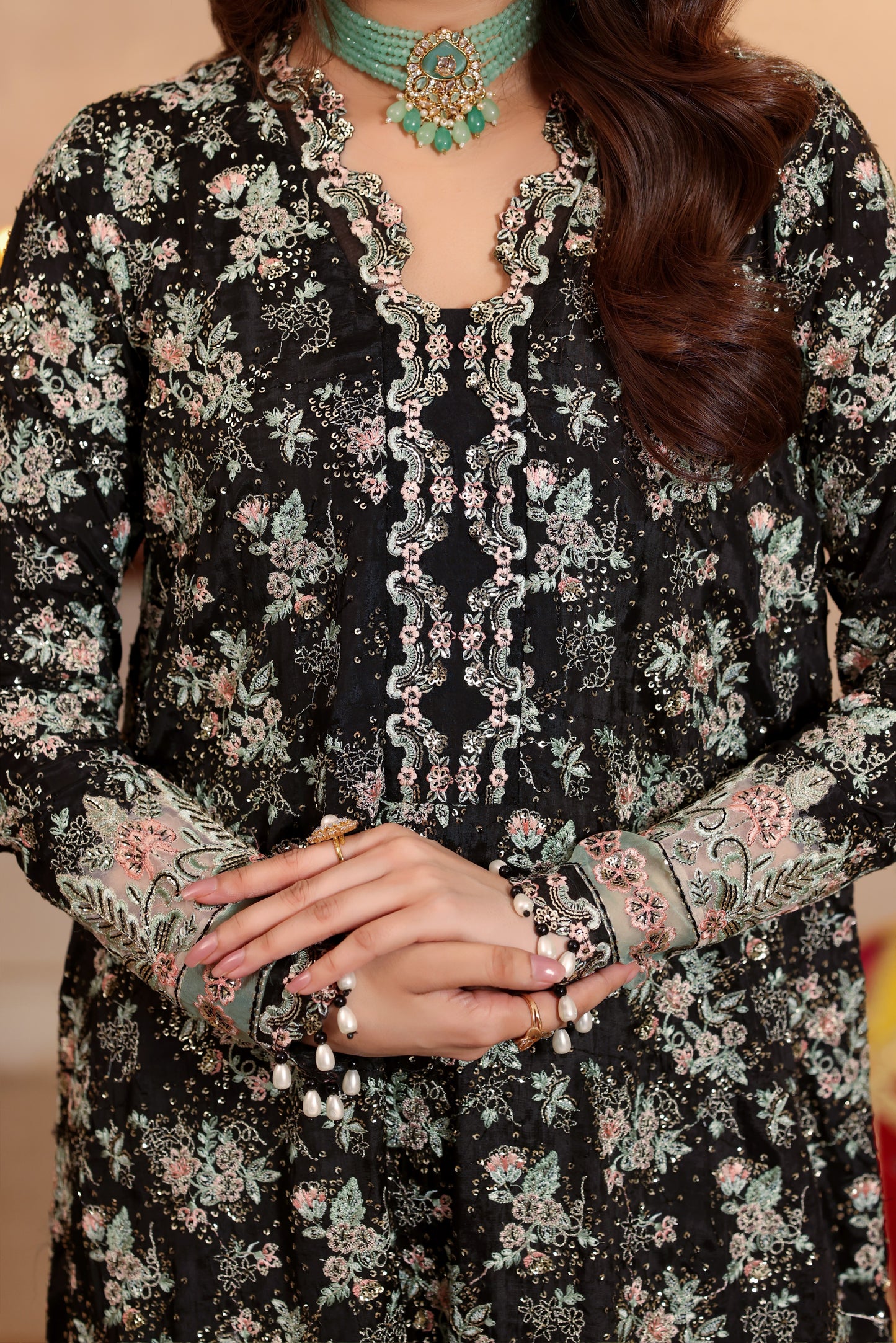 Rs 19500 Aneelas Stitched Semi Formal Raw Silk Emb Kaftan Trouser 2pc [FC-26] [Dispatch Time 2 Months]