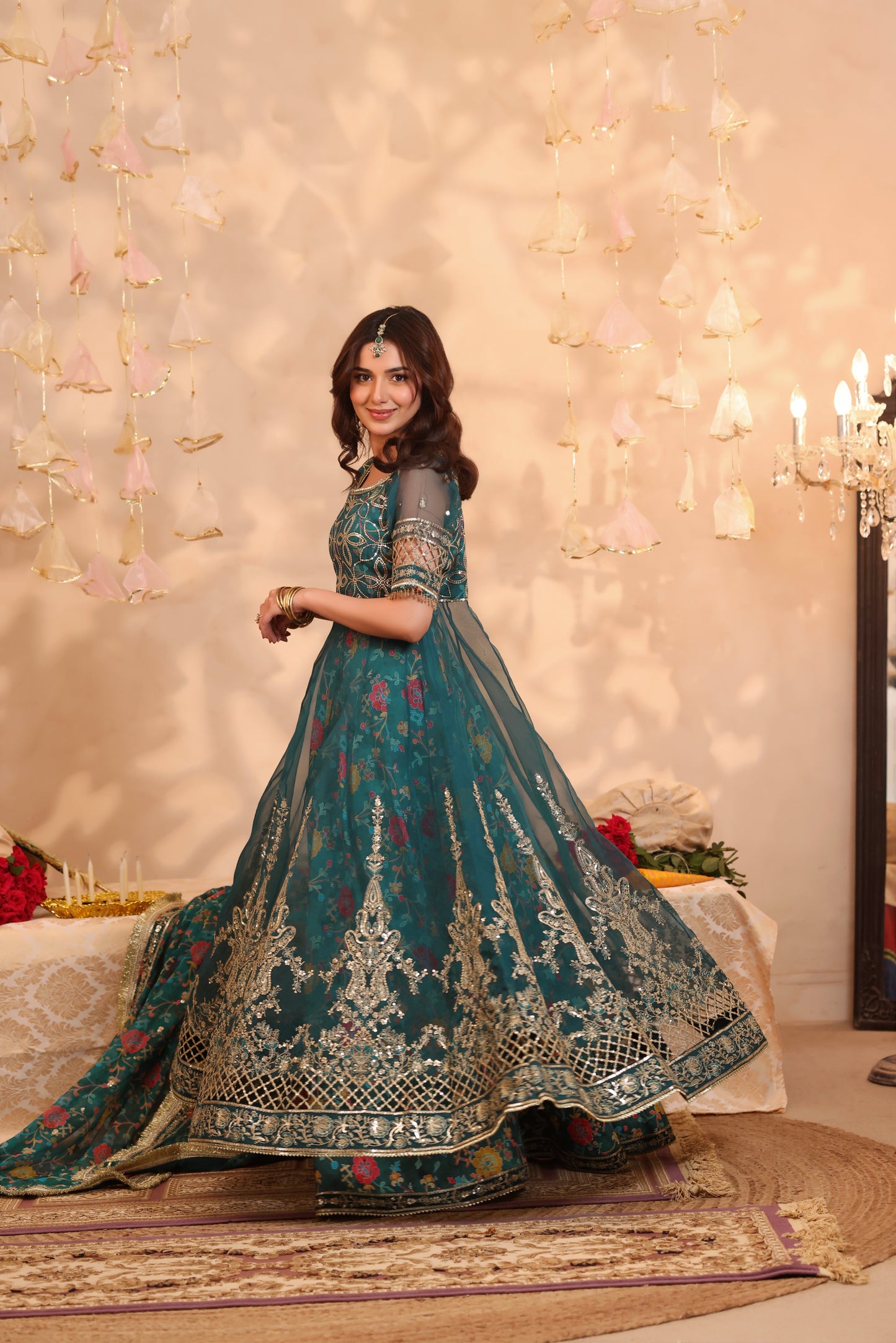 Rs 23500 Aneelas Stitched Emb Half Sleeved Organza Maxi 3pc Silk Bottom Chiffon Duppata [FC-22-A] [Dispatch Time 2 Months]