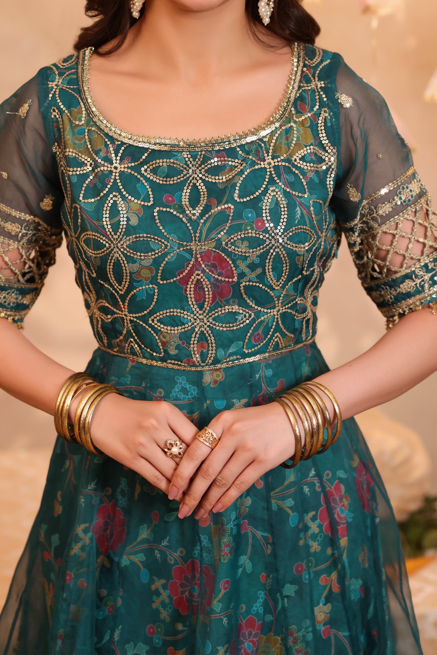 Rs 23500 Aneelas Stitched Emb Half Sleeved Organza Maxi 3pc Silk Bottom Chiffon Duppata [FC-22-A] [Dispatch Time 2 Months]