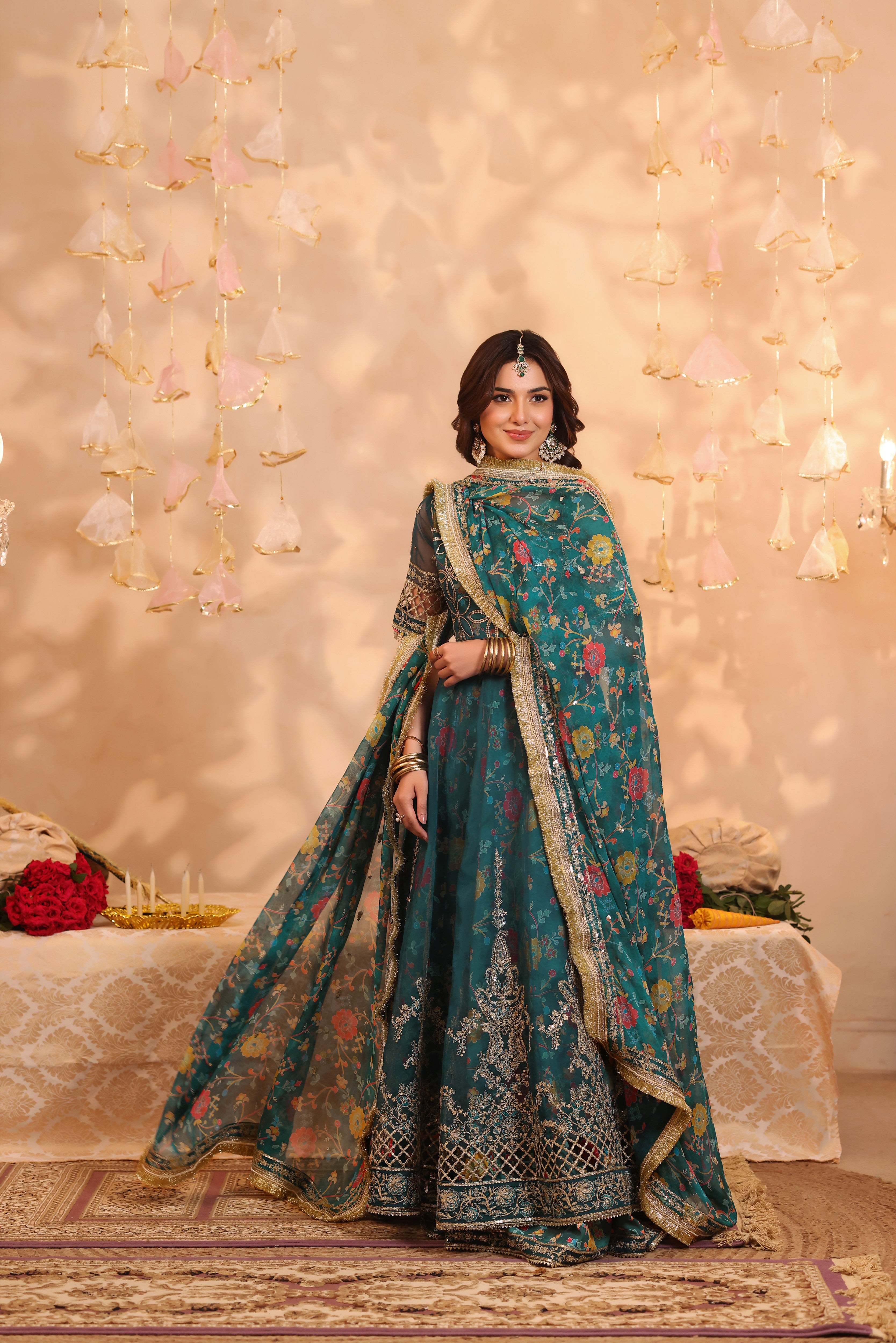 Rs 23500 Aneelas Stitched Emb Half Sleeved Organza Maxi 3pc Silk Bottom Chiffon Duppata [FC-22-A] [Dispatch Time 2 Months]