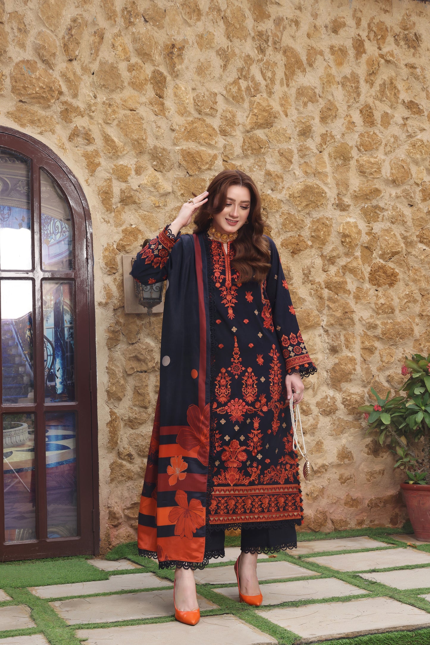 Rs 15000 Aneelas Stitched Peach Wool Emb 3pc [MOMINA-04] [Dispatch Time 2 Months]