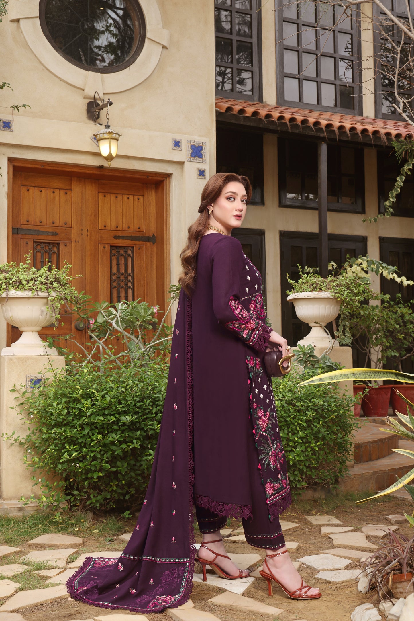 Aneelas Stitched Peach Wool Emb Shirt Trouser and Shawl 3pc [MOMINA-05] [Dispatch time 2 Months]