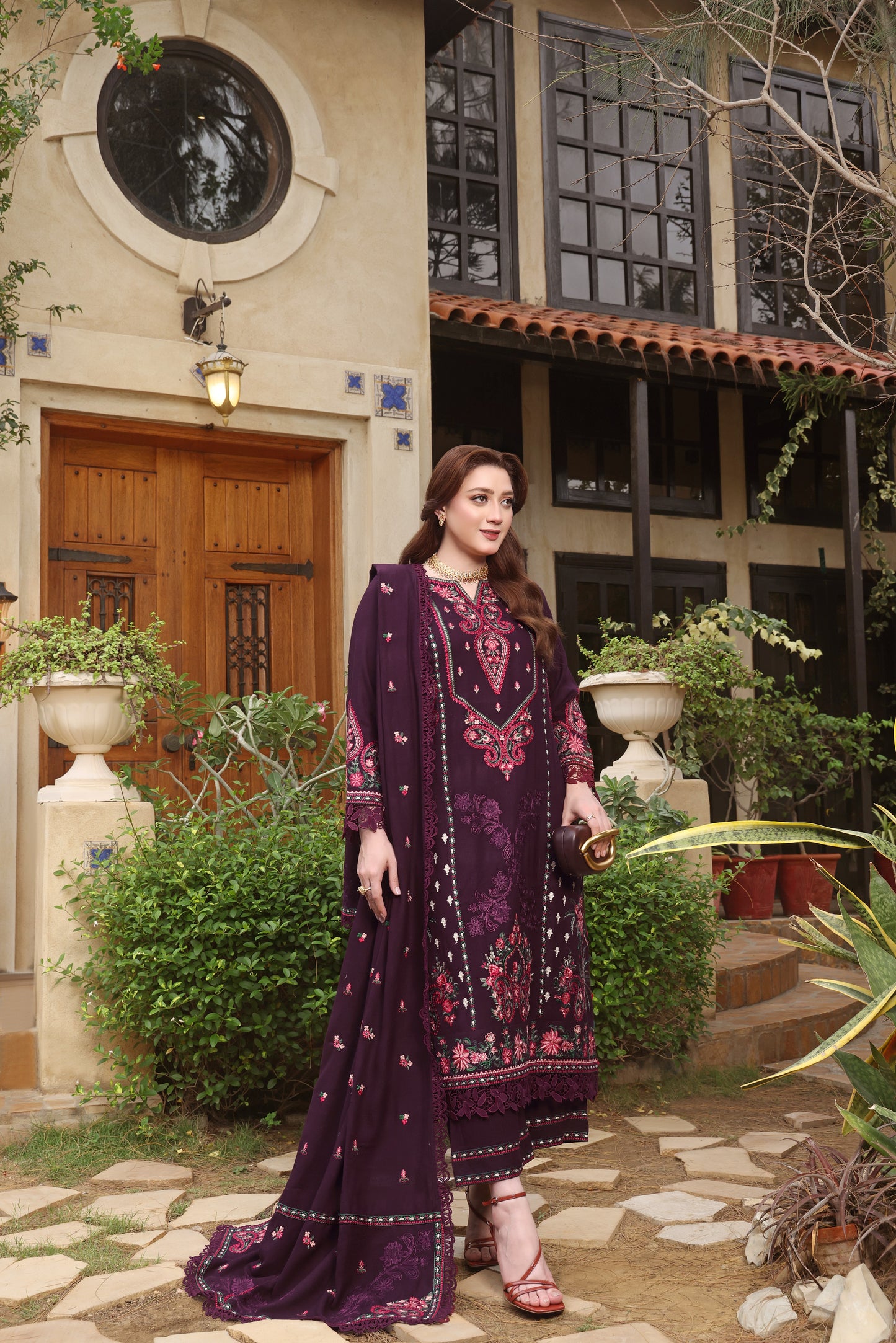 Aneelas Stitched Peach Wool Emb Shirt Trouser and Shawl 3pc [MOMINA-05] [Dispatch time 2 Months]