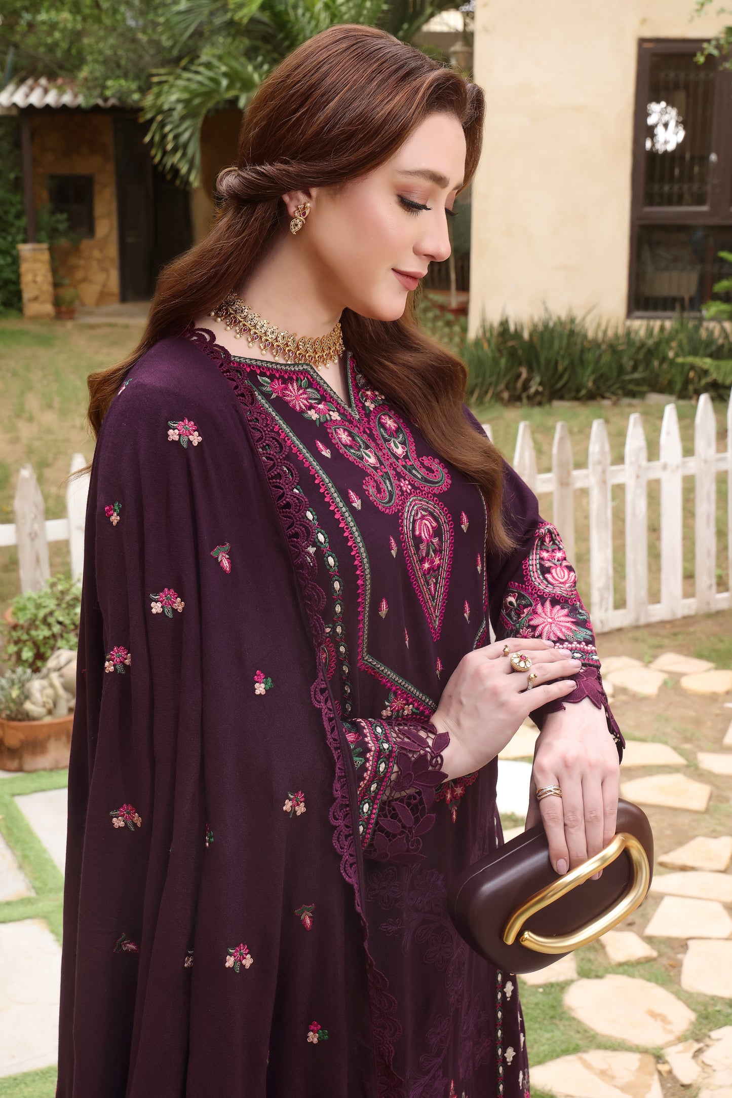 Aneelas Stitched Peach Wool Emb Shirt Trouser and Shawl 3pc [MOMINA-05] [Dispatch time 2 Months]